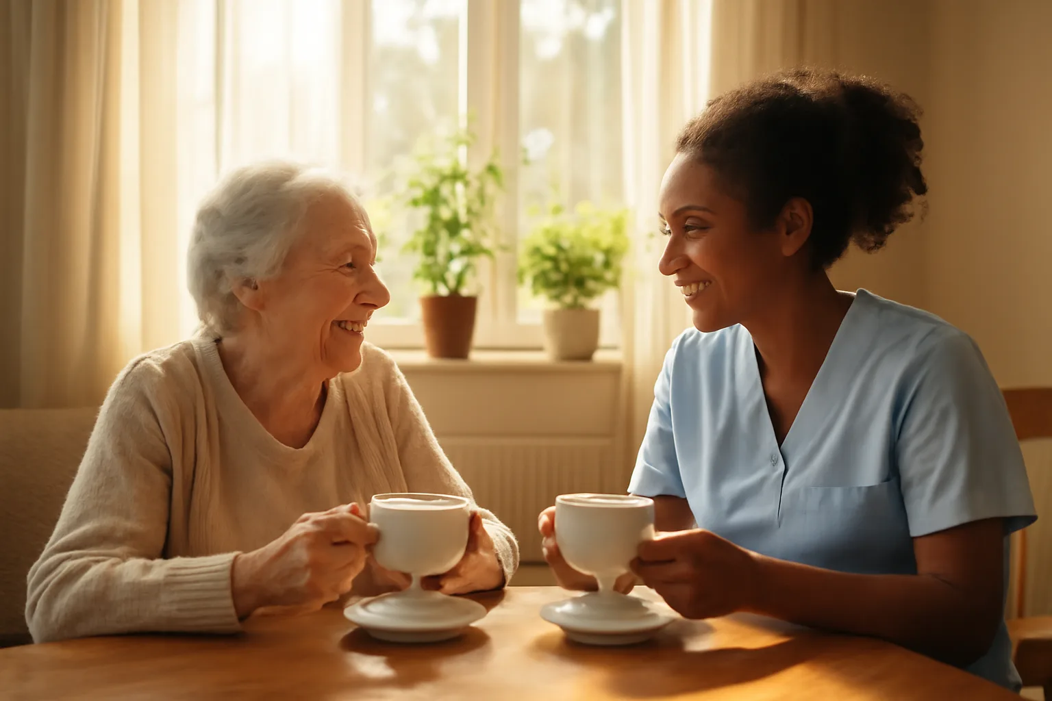 Caregiver and elderly resident sharing tea in a sunlit assisted living community common room