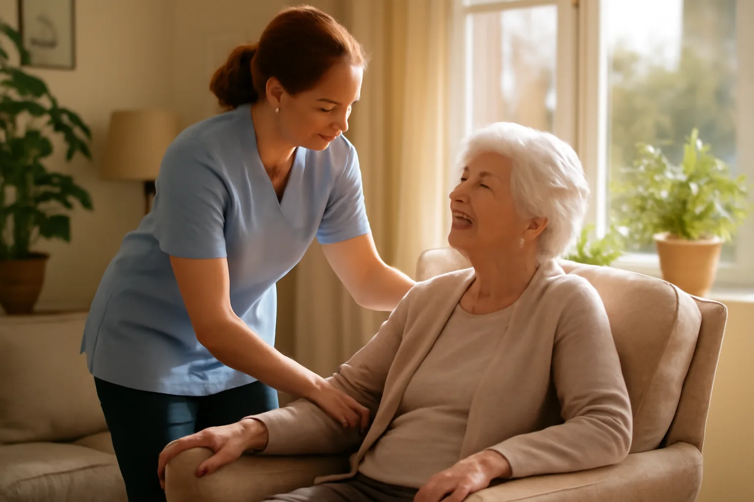 Caregiver helping an elderly resident in a sunlit assisted living common room