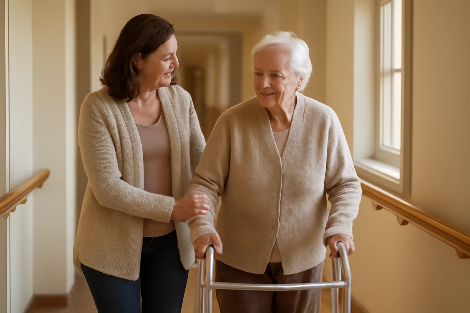 Caregiver assisting an elderly resident with a walker in an assisted living hallway