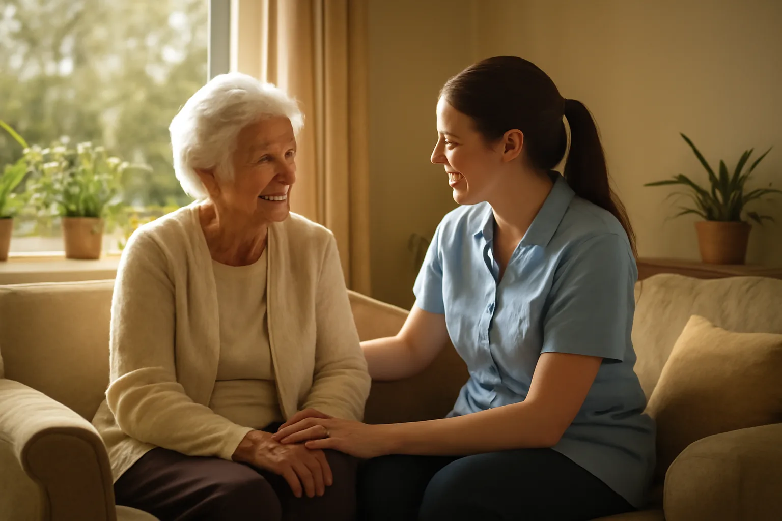Caregiver and elderly resident sitting together in an assisted living nursing home common room