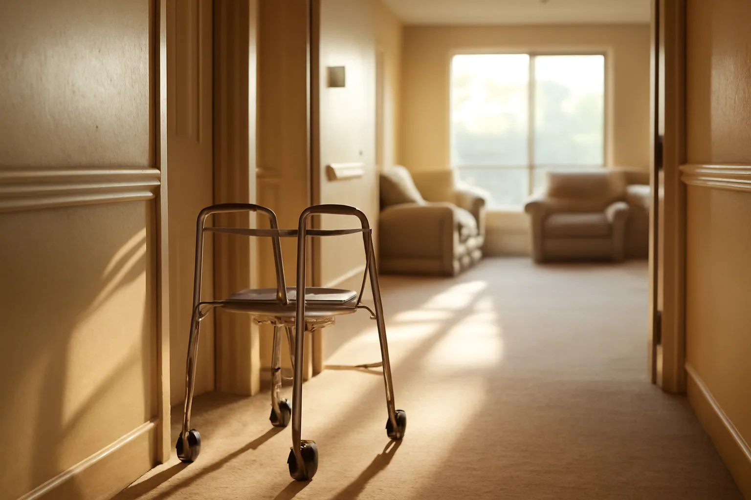 Bright hallway in an assisted living senior apartments community with a walker outside a resident's door