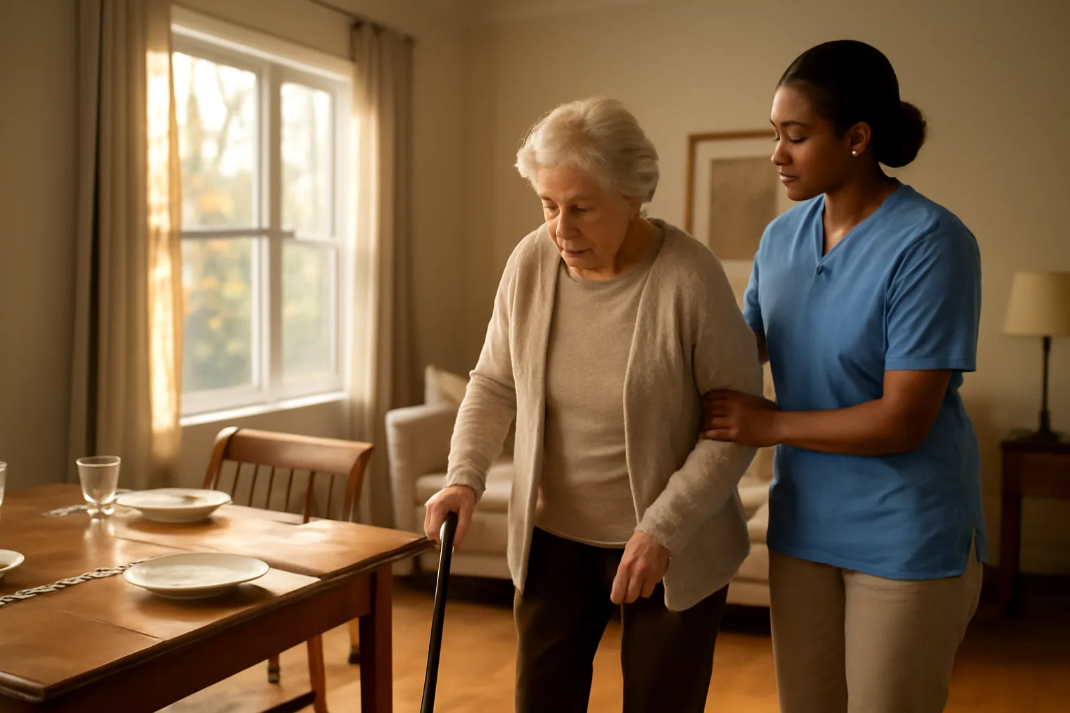 caregiver assisting older adult in a small residential care home living room