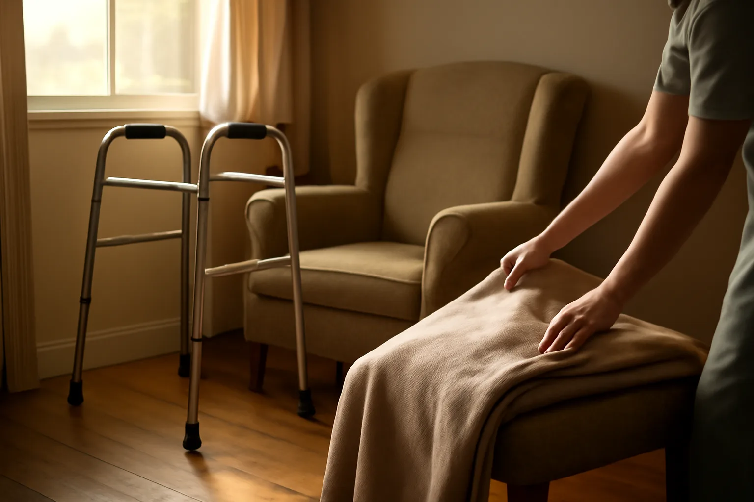 Sunlit living room in a small residential care home with a walker beside an armchair
