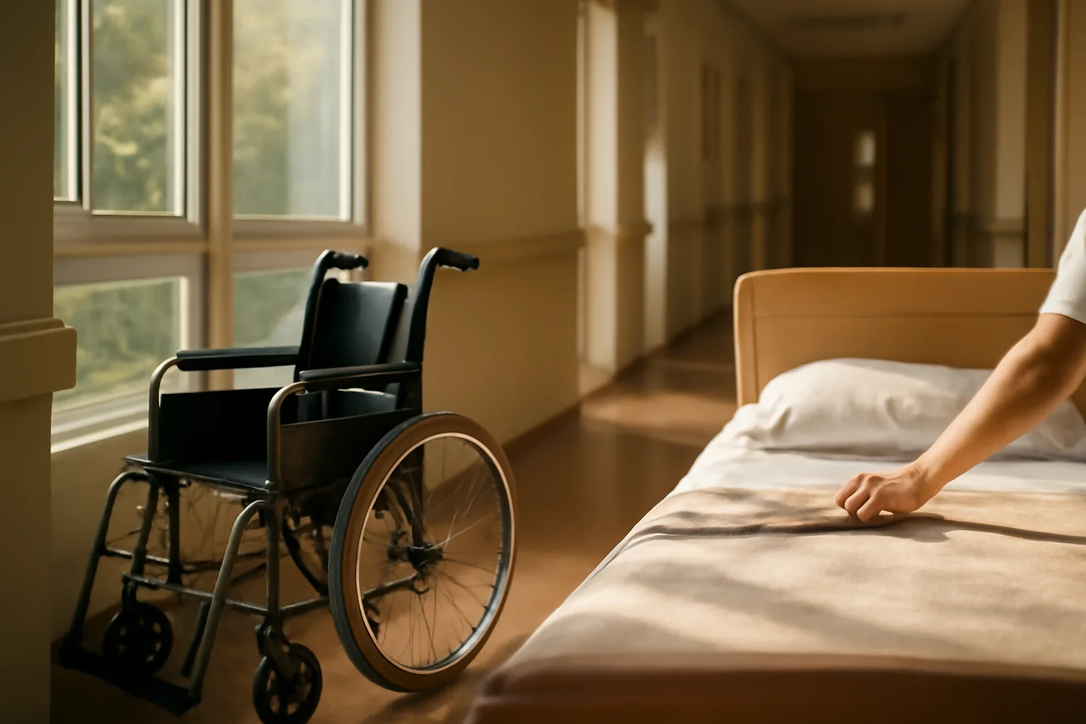 Sunlit hallway in a residential care setting comparing assisted living and skilled nursing environments