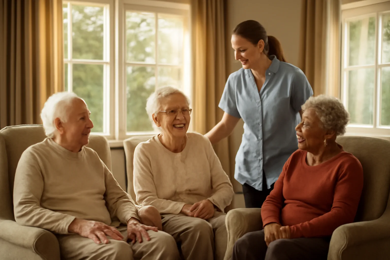 Seniors and caregiver in bright assisted living group home living room