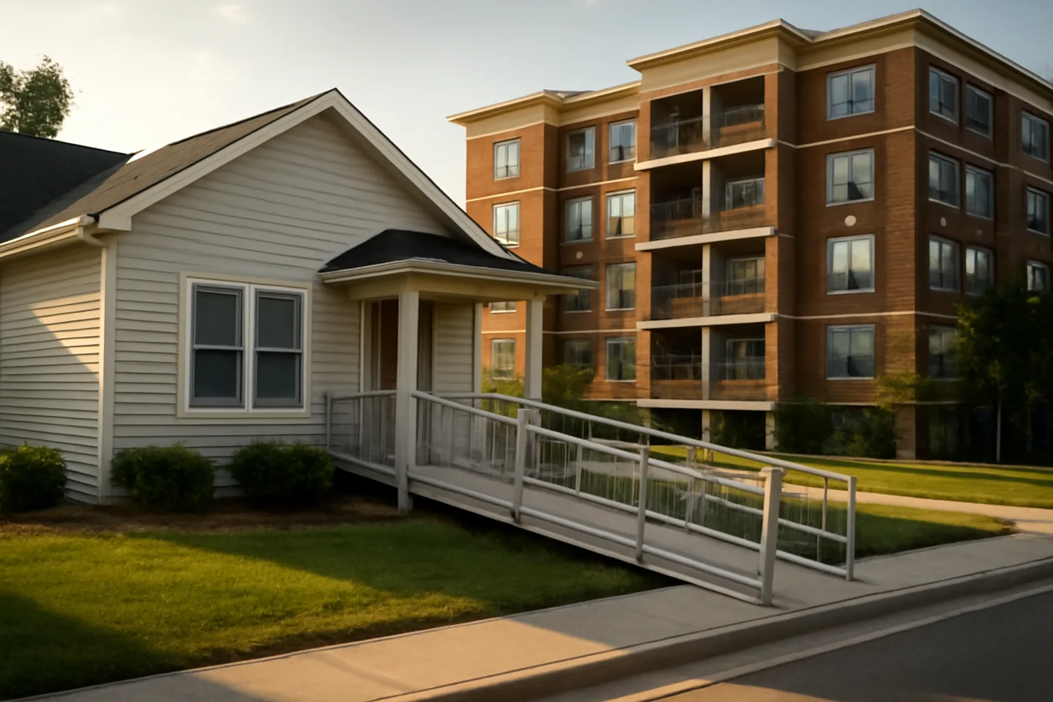 Small residential care home beside a large assisted living community building