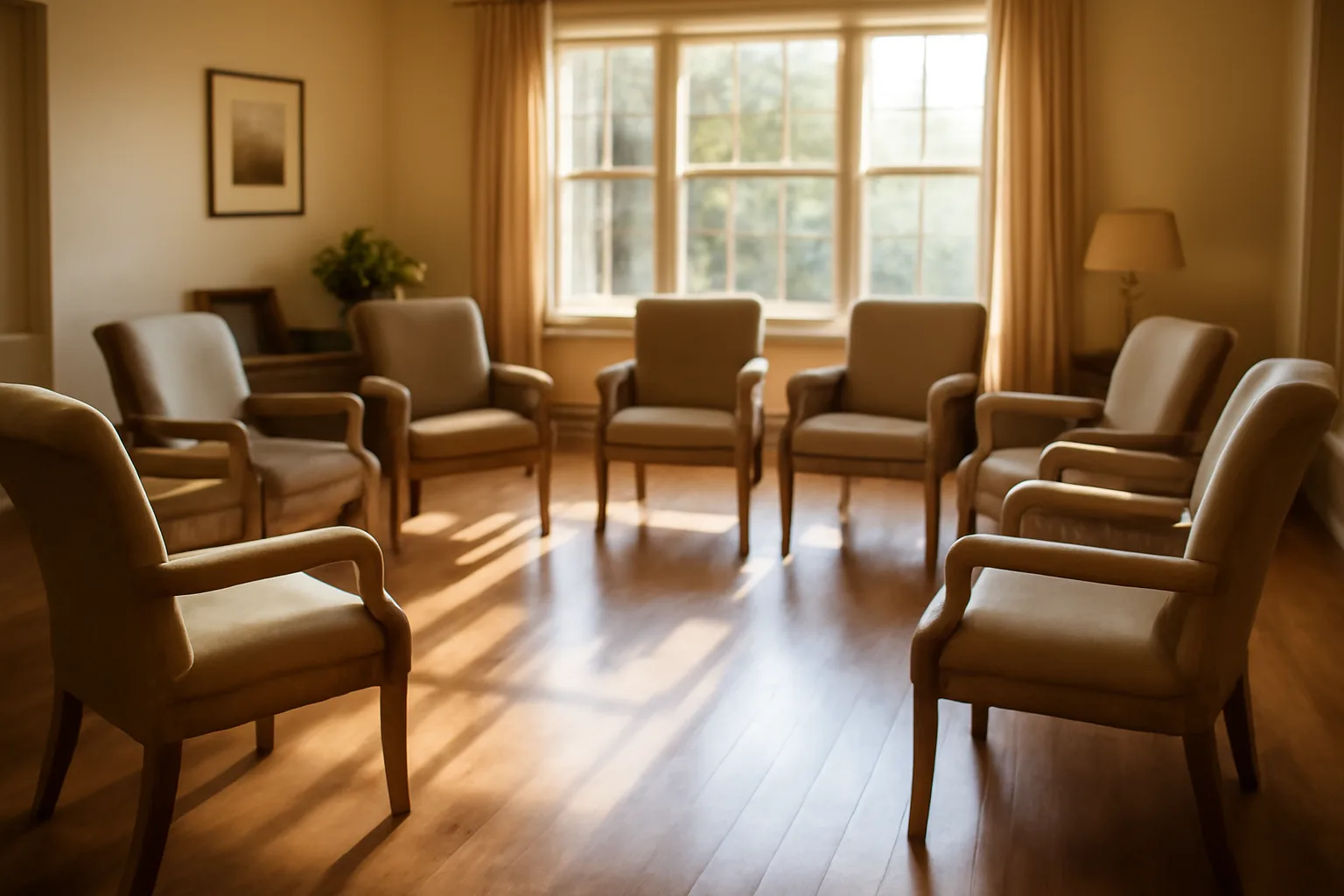 Sunlit common room in an assisted living facility with empty armchairs by a window