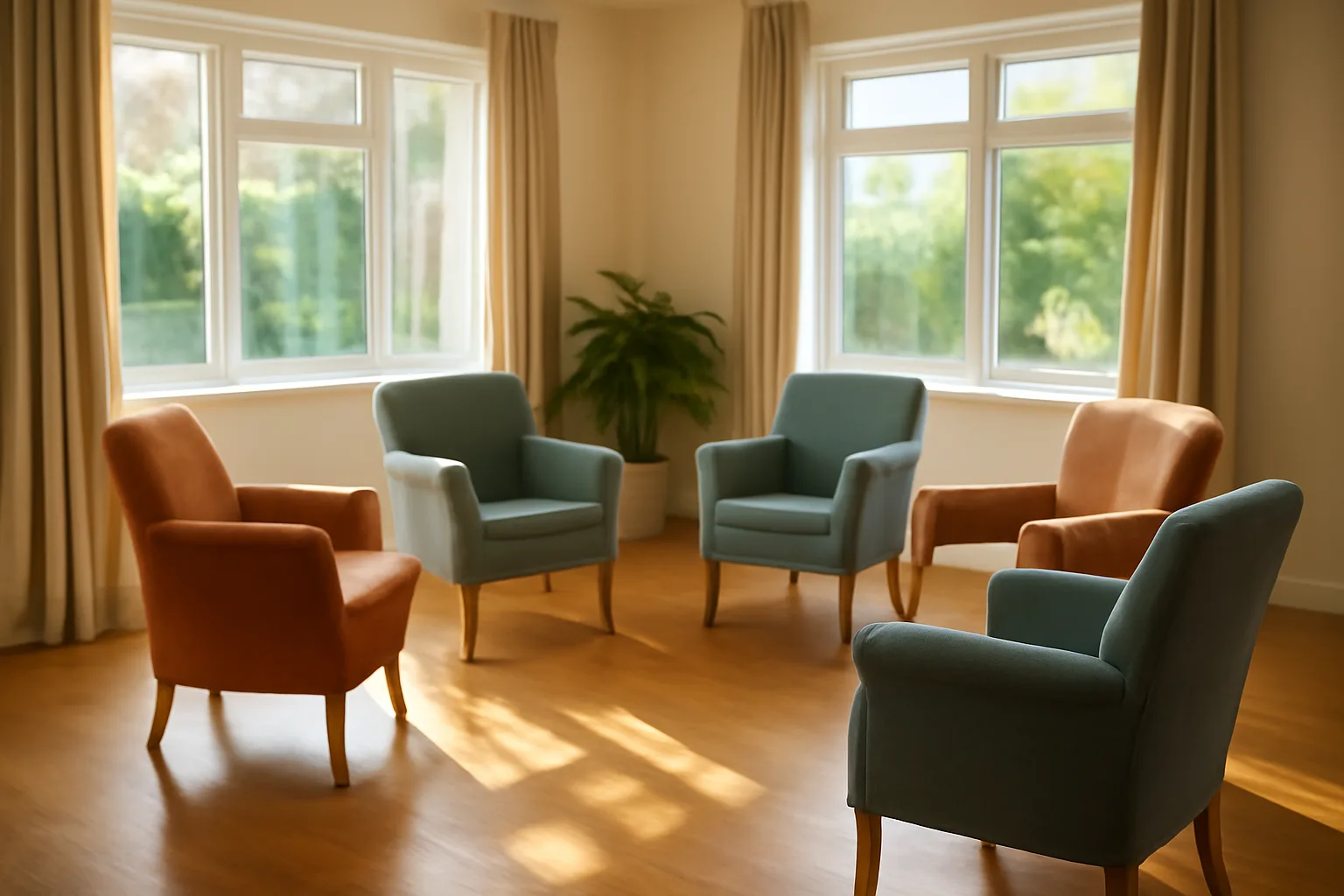 Sunlit common room in a small group home with chairs and natural light