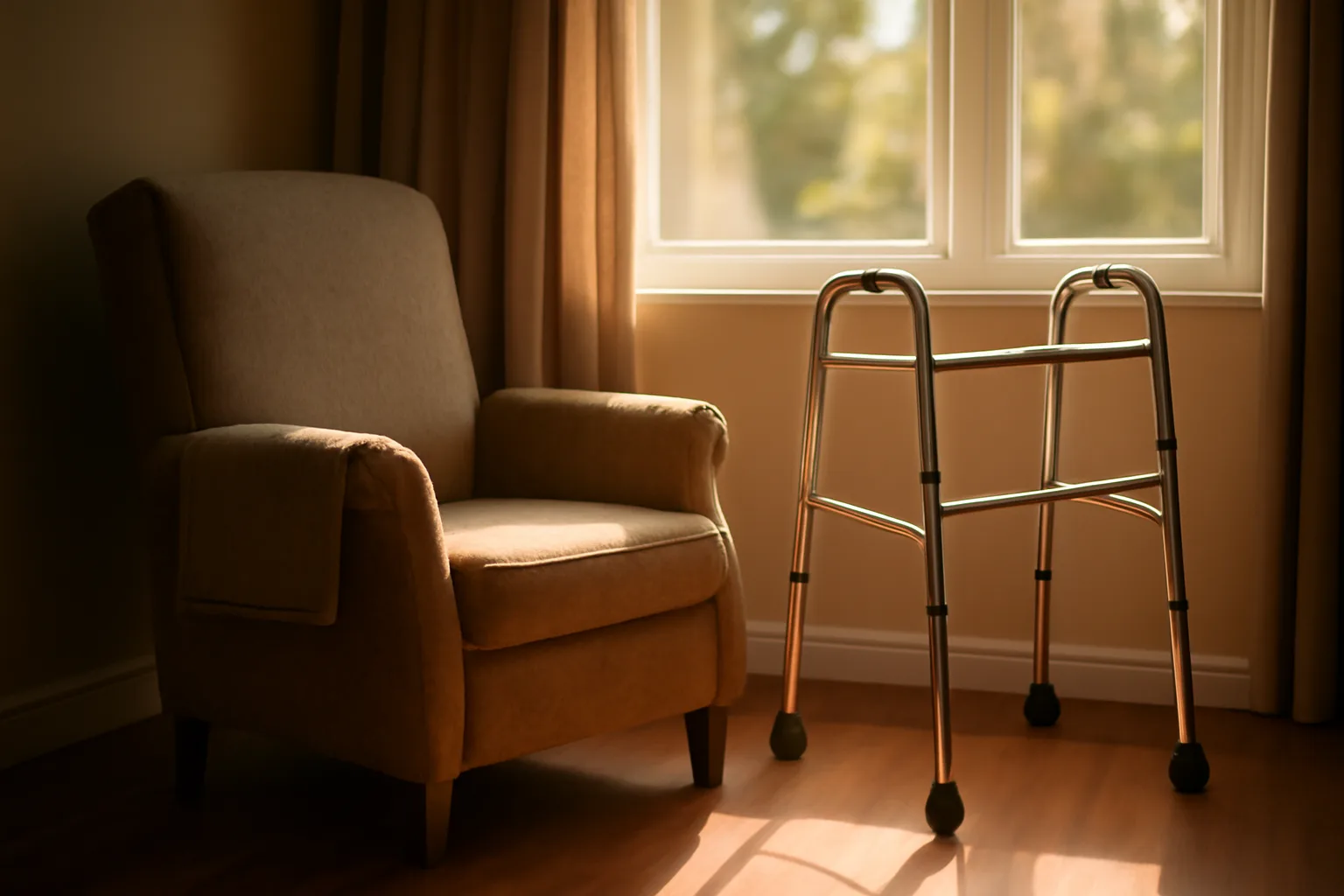 Sunlit living room in a residential assisted living home with an empty armchair and walker