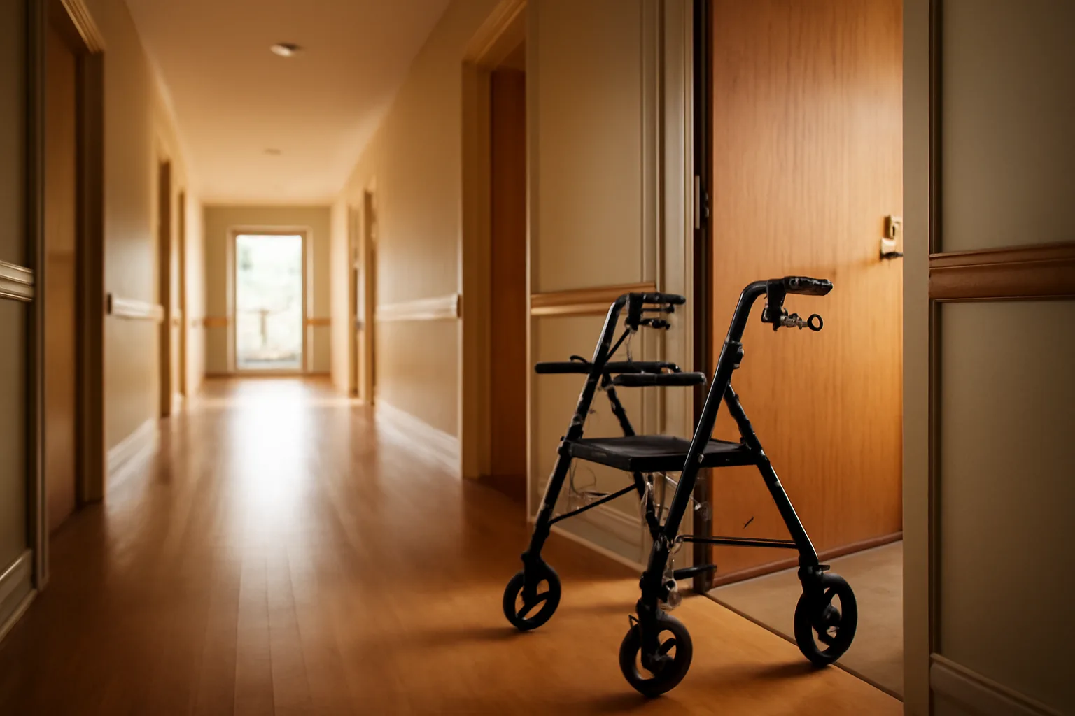 Sunlit hallway in a residential care setting illustrating the difference between assisted living and nursing home environments