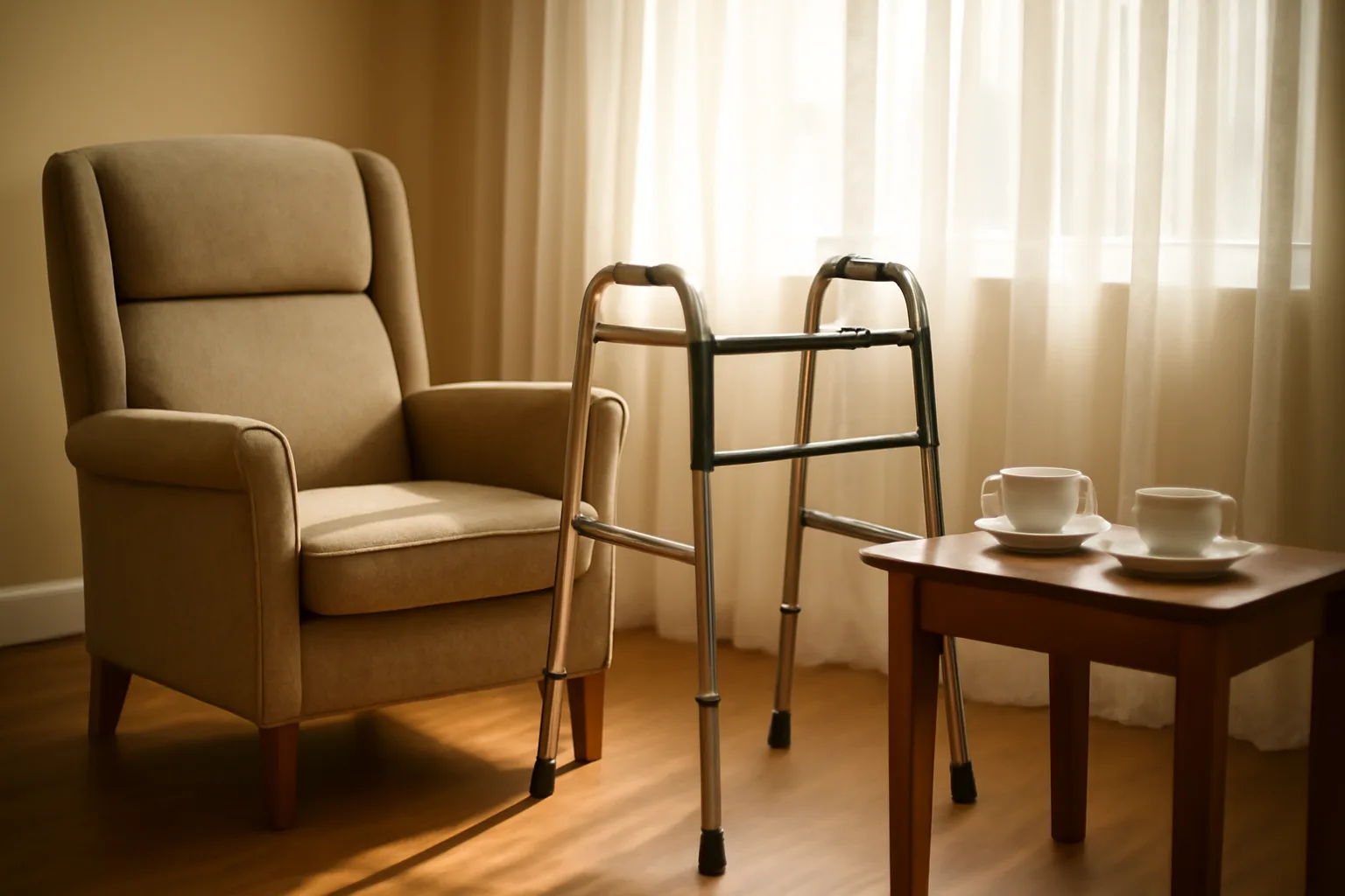 Sunlit common room in a small independent assisted living home with armchair and walker