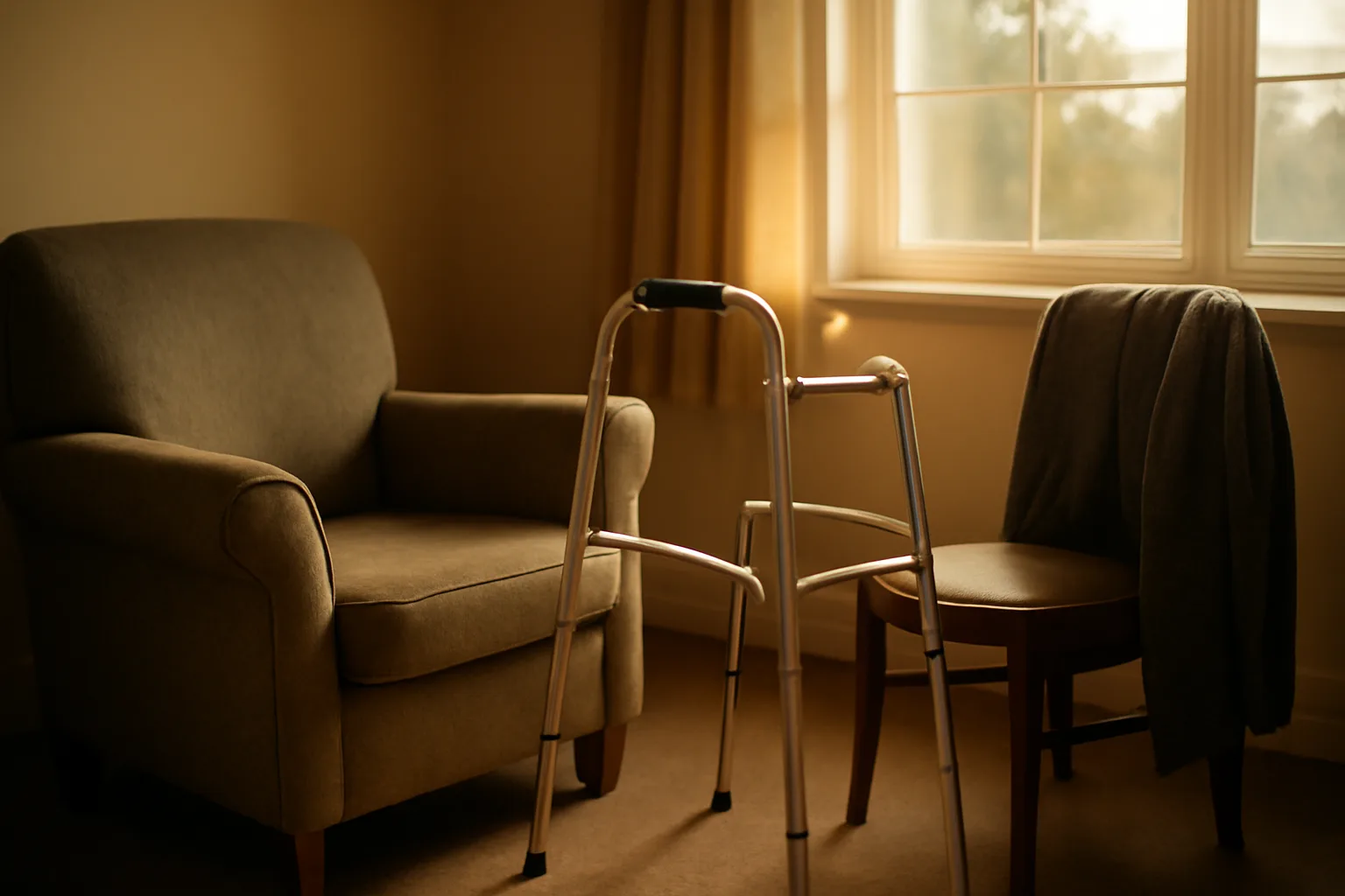 Sunlit living room in a residential care home showing an empty chair and walker