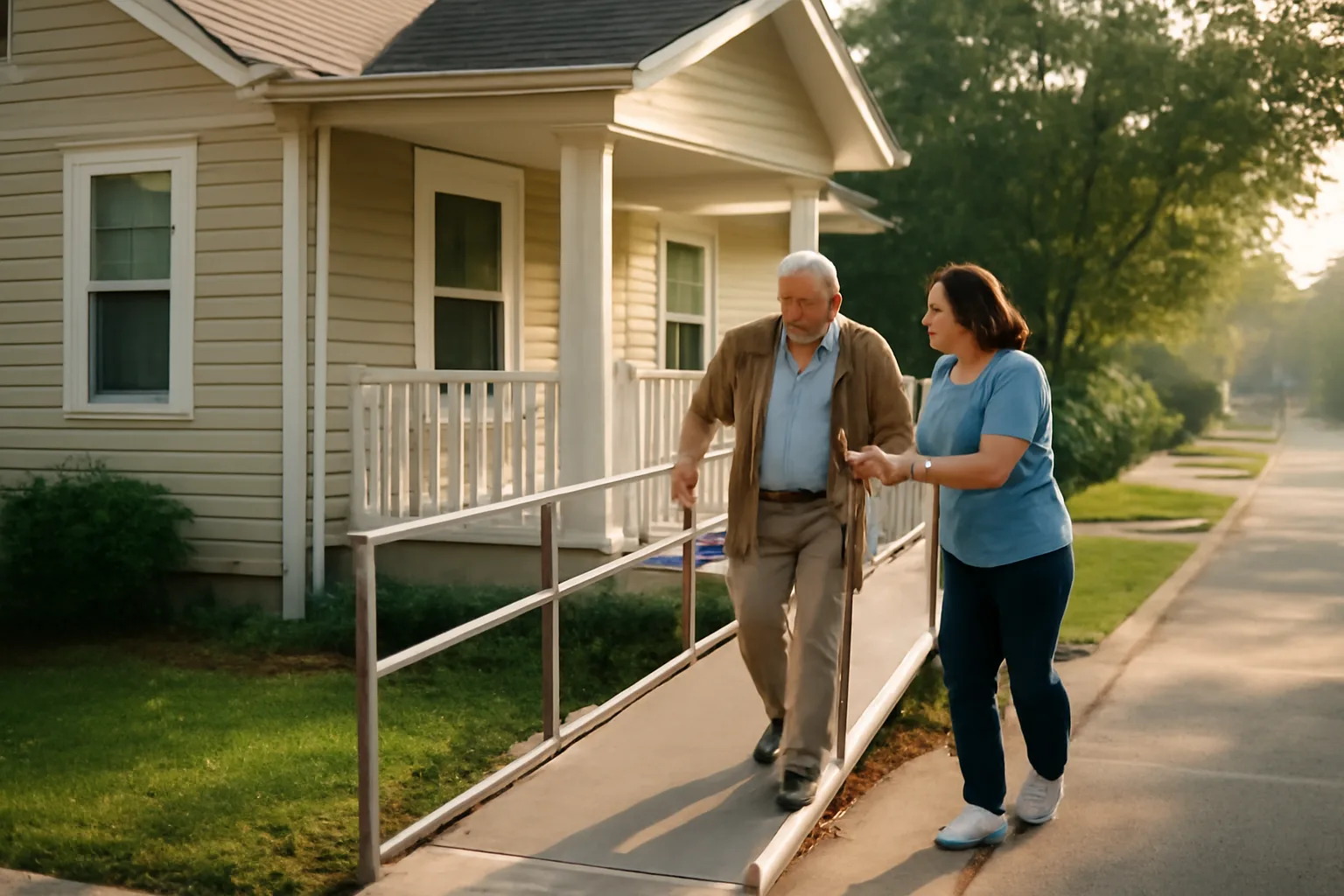 Caregiver helping an older adult down a ramp outside a private home assisted living house