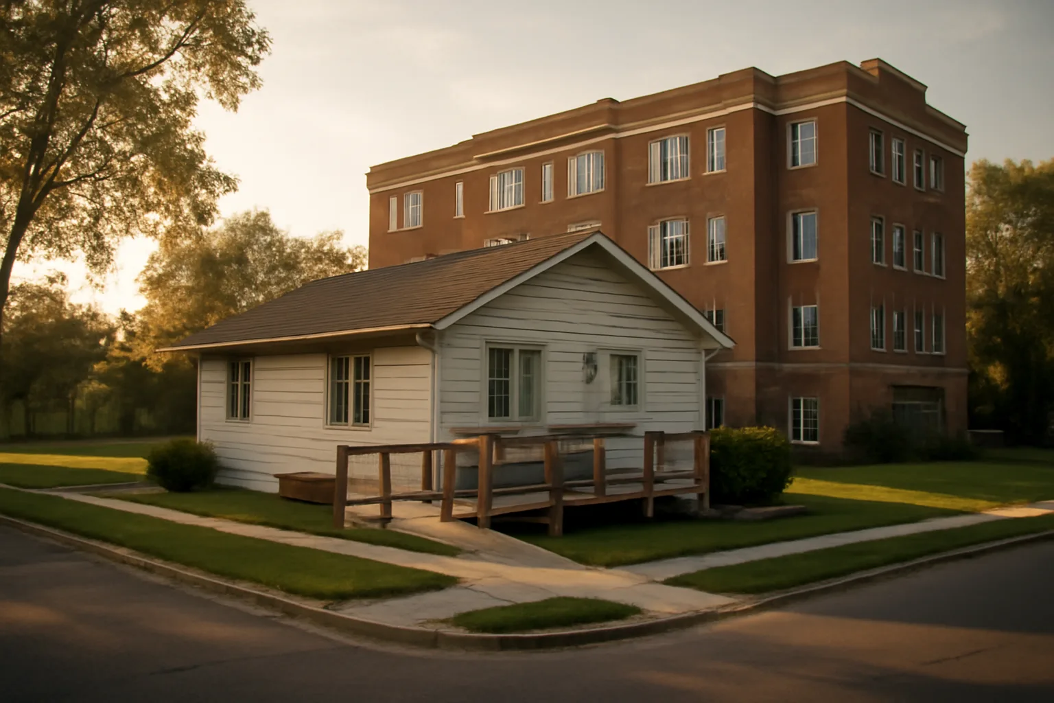 Small residential care home beside a larger assisted living building on a quiet street