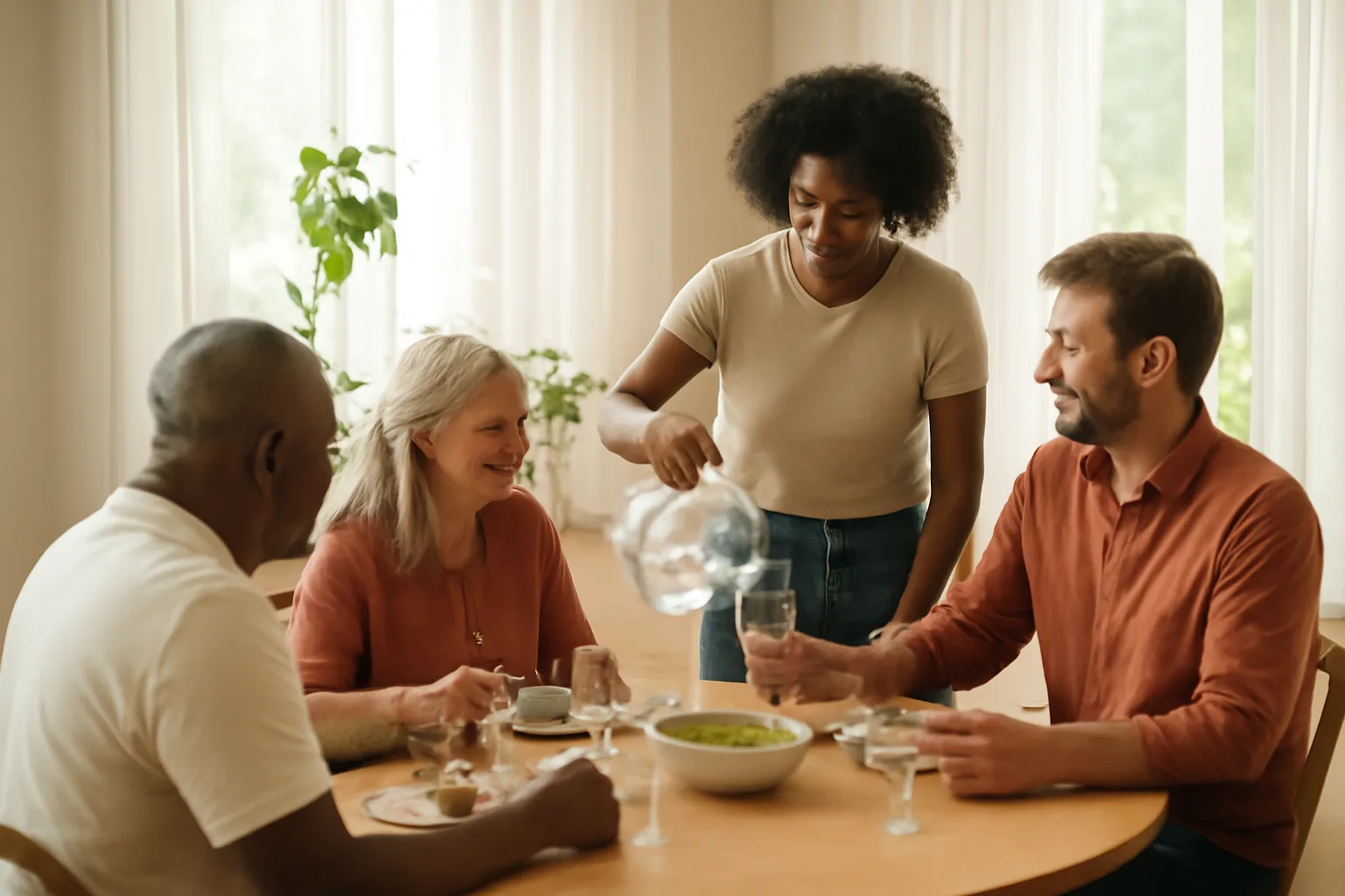 Caregiver and residents sharing a meal in a residential care home dining room