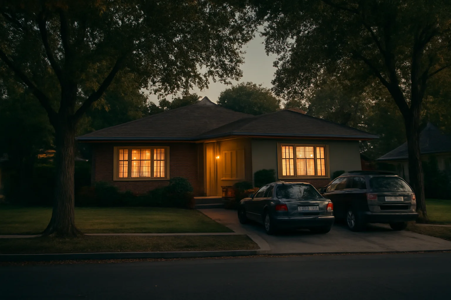 Residential group home in suburban neighborhood at dusk with lighted windows