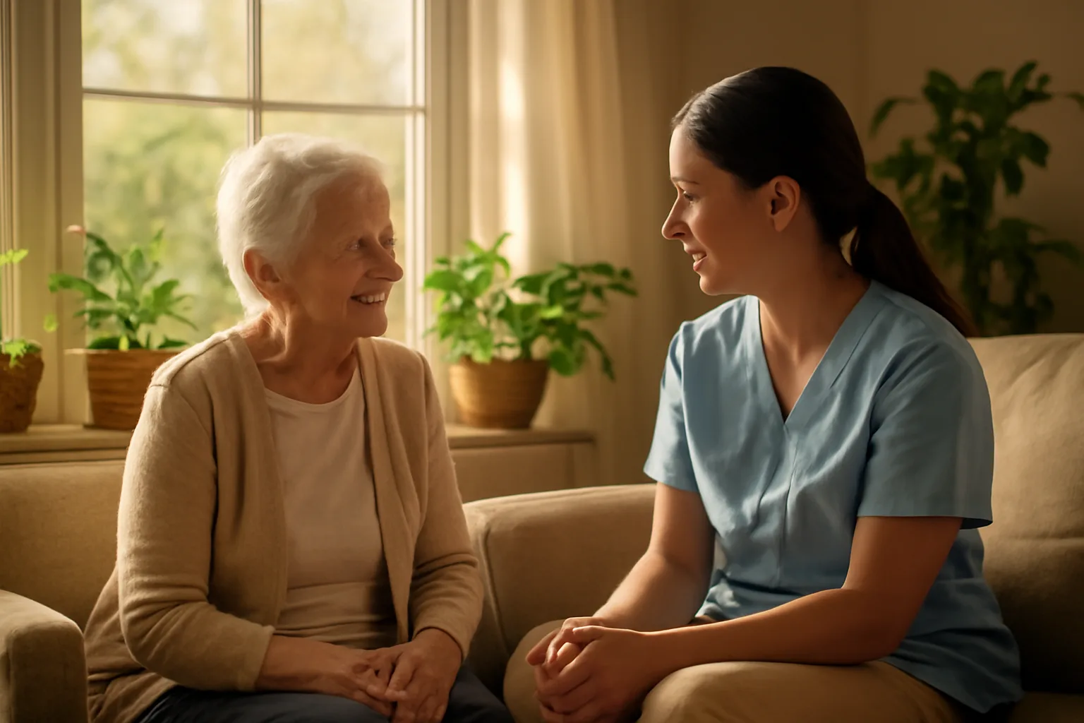 Caregiver and resident talking in a common room, illustrating assisted living vs nursing home settings