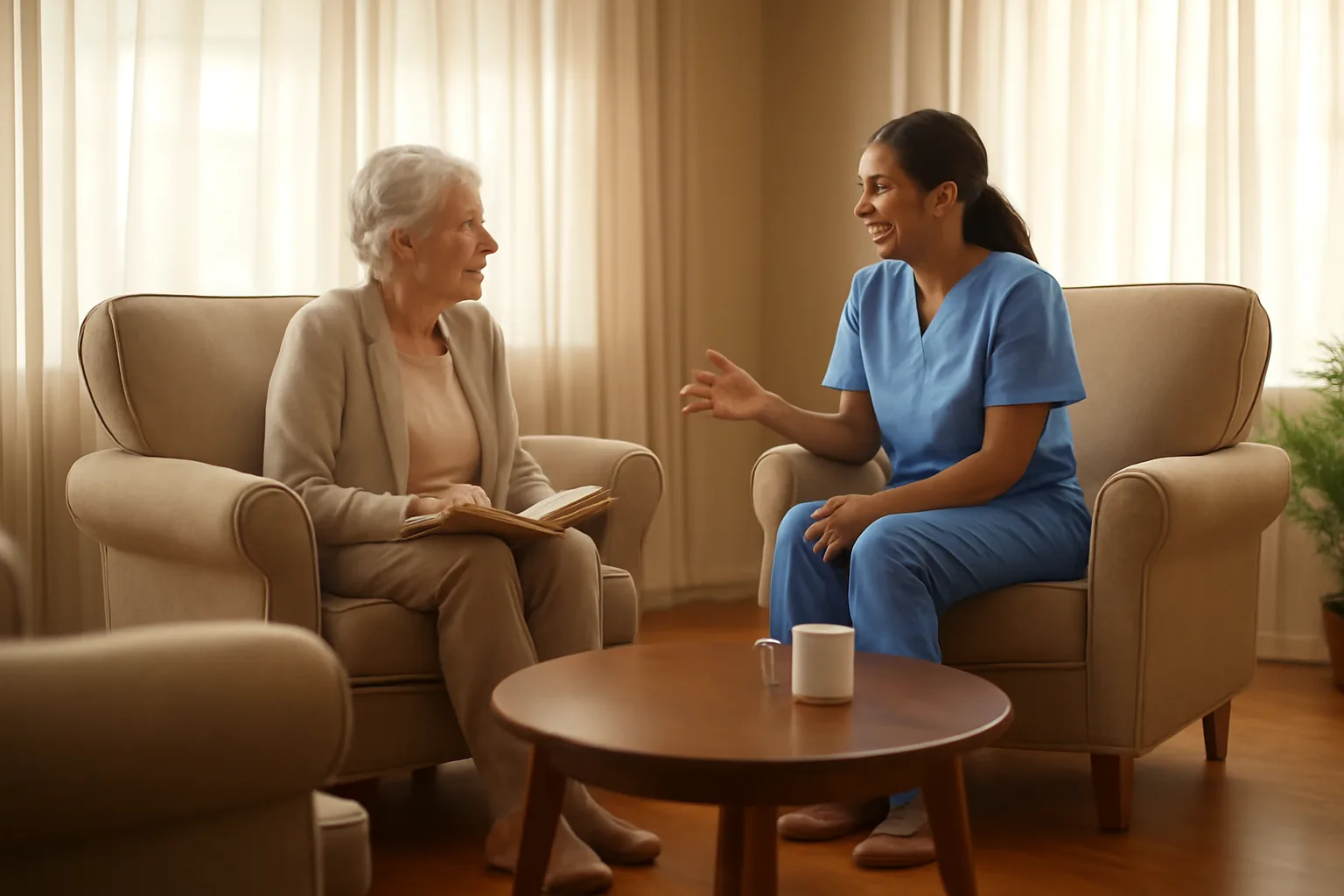Caregiver and senior woman reading together in a residential assisted living home living room