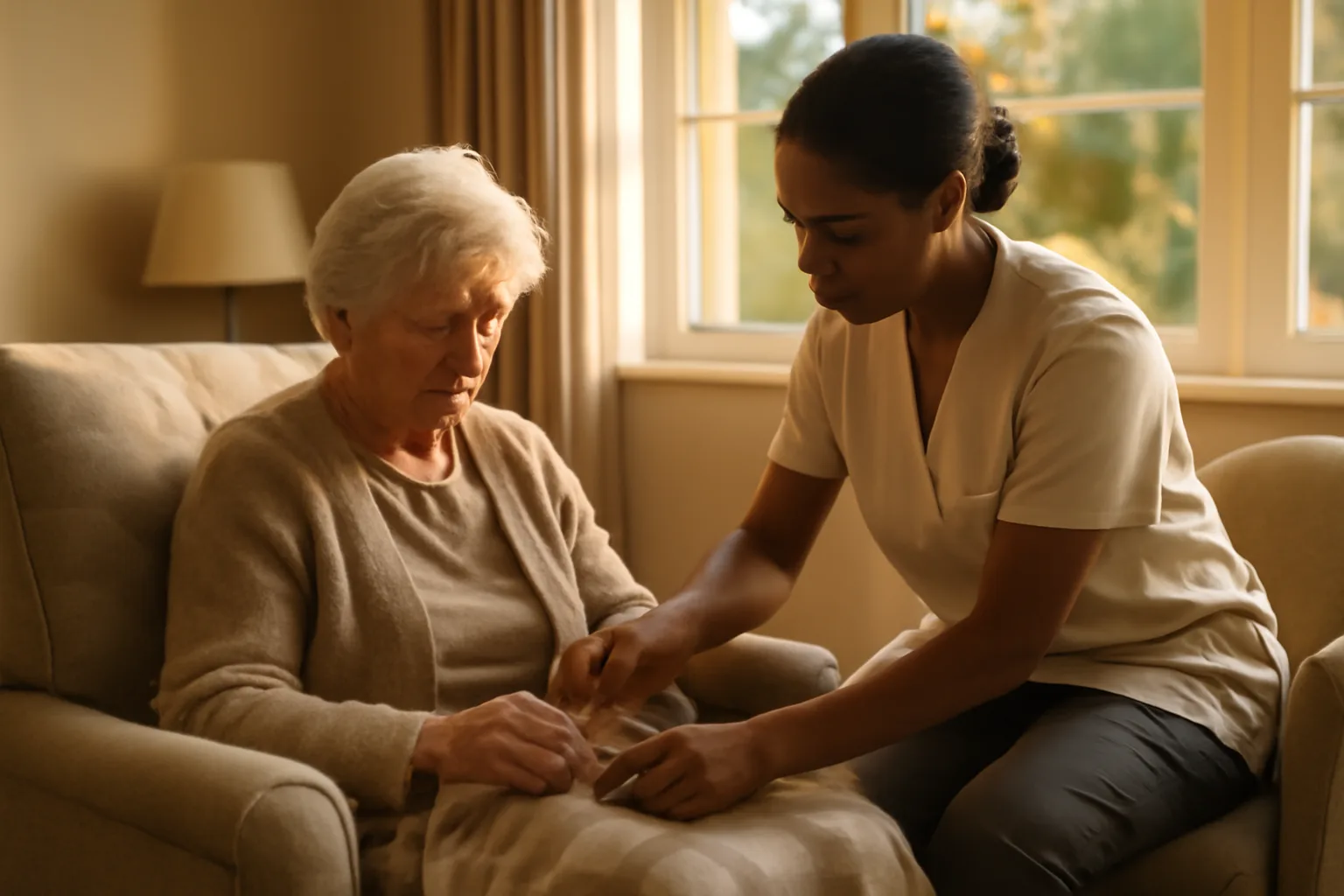 Caregiver assisting an elderly resident in a sunlit assisted living common room