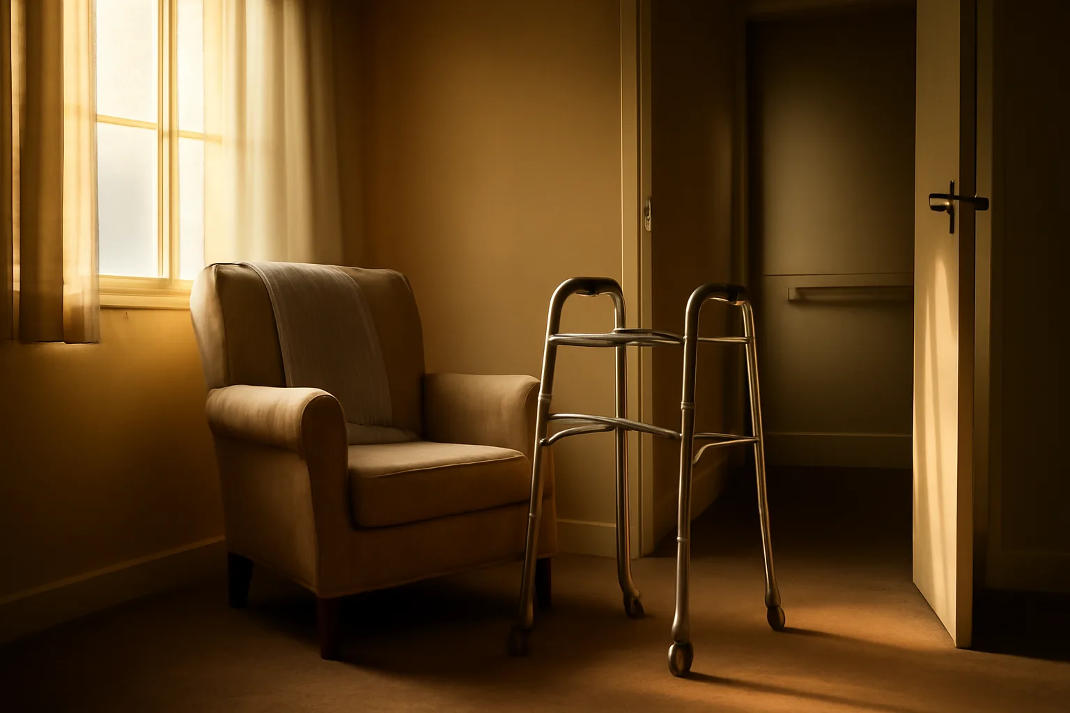 Sunlit living room in a small licensed group home with a walker and grab bar hallway