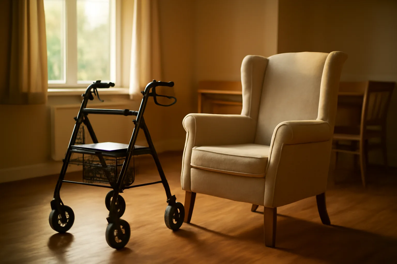 Sunlit common room in a Virginia assisted living facility with an empty armchair and walker