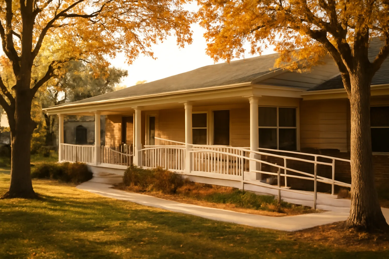Residential assisted living facility exterior in Colorado with accessible entrance and yard
