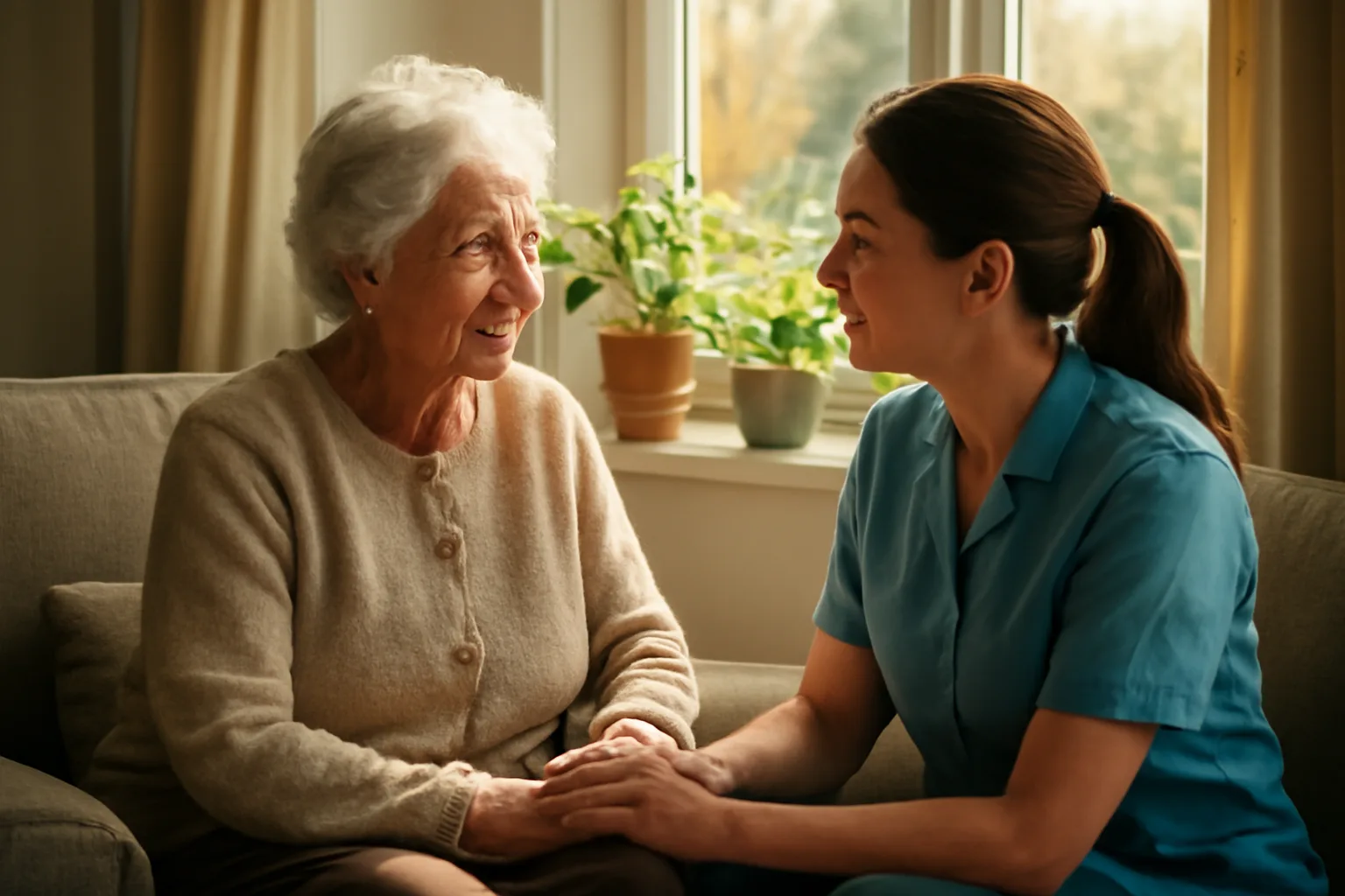 Caregiver and older adult sitting by a window in an assisted living facility common room