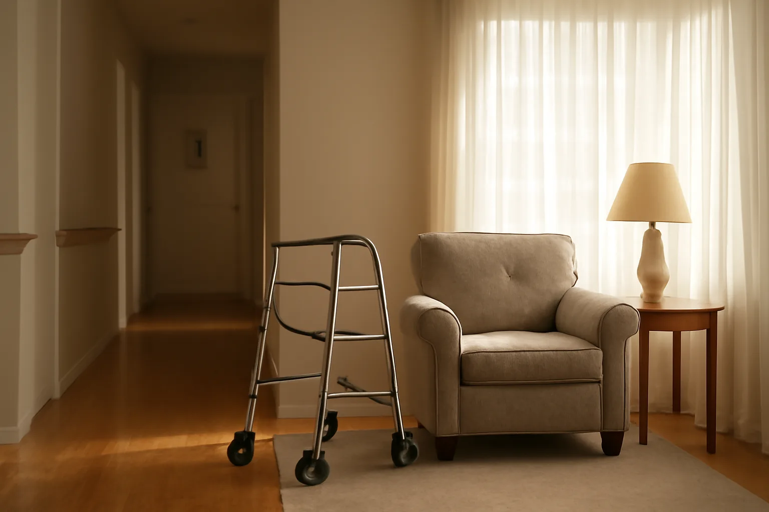 Sunlit living room in a converted home prepared for residential assisted living care