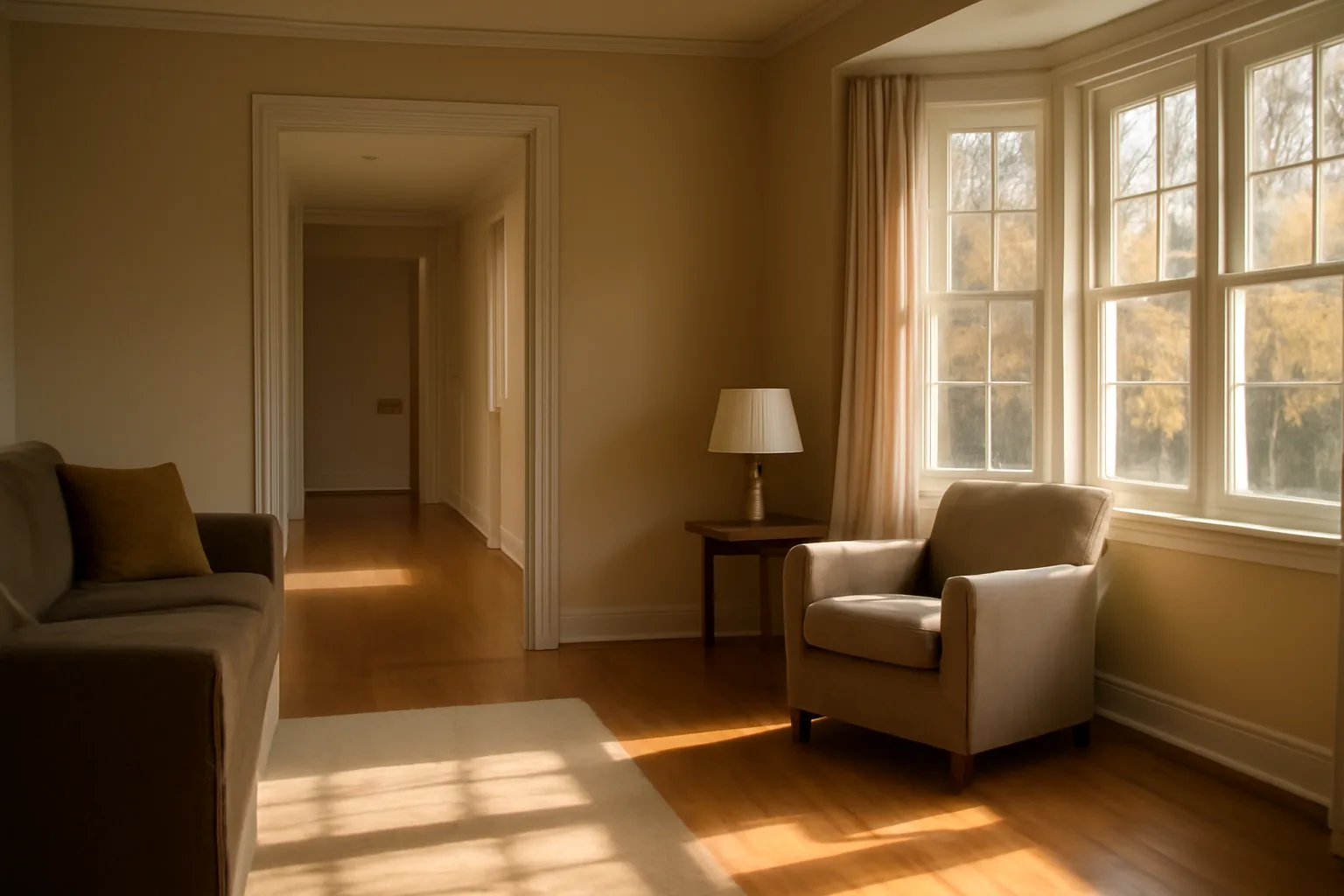 Sunlit residential living room and hallway in a converted assisted living home