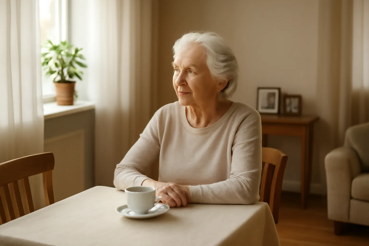 Senior resident in a Florida assisted living apartment with natural light and personal belongings