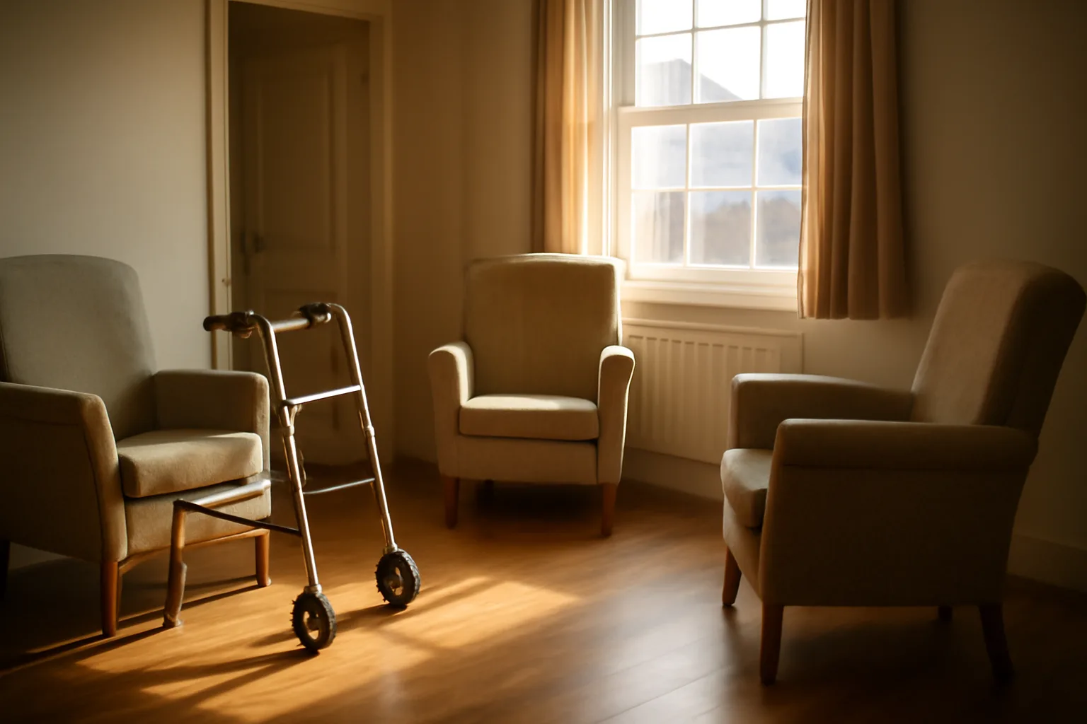 Sunlit living room of a residential assisted living home with empty armchairs and a walker
