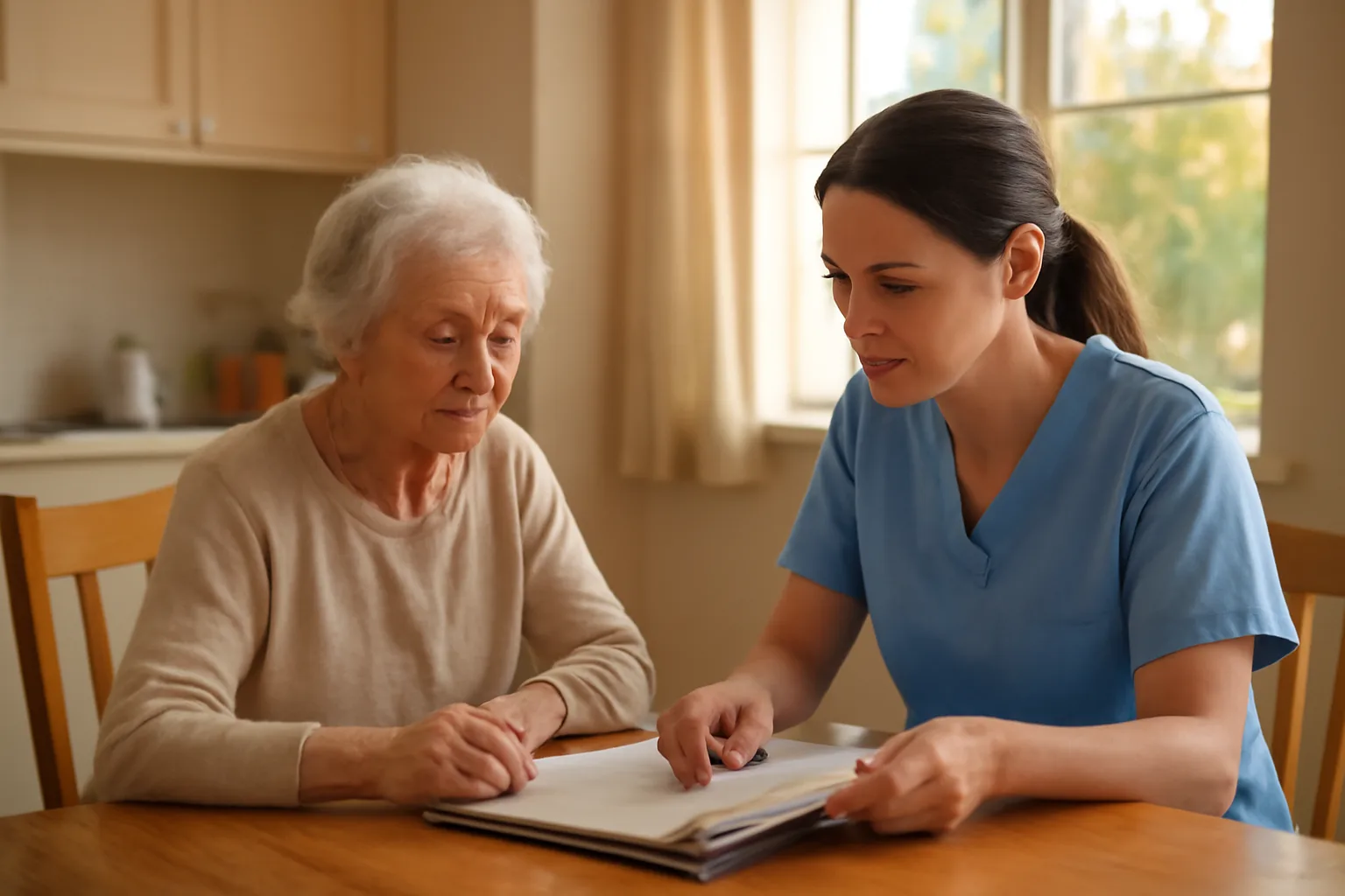 Caregiver and resident at a kitchen table in a licensed group home setting