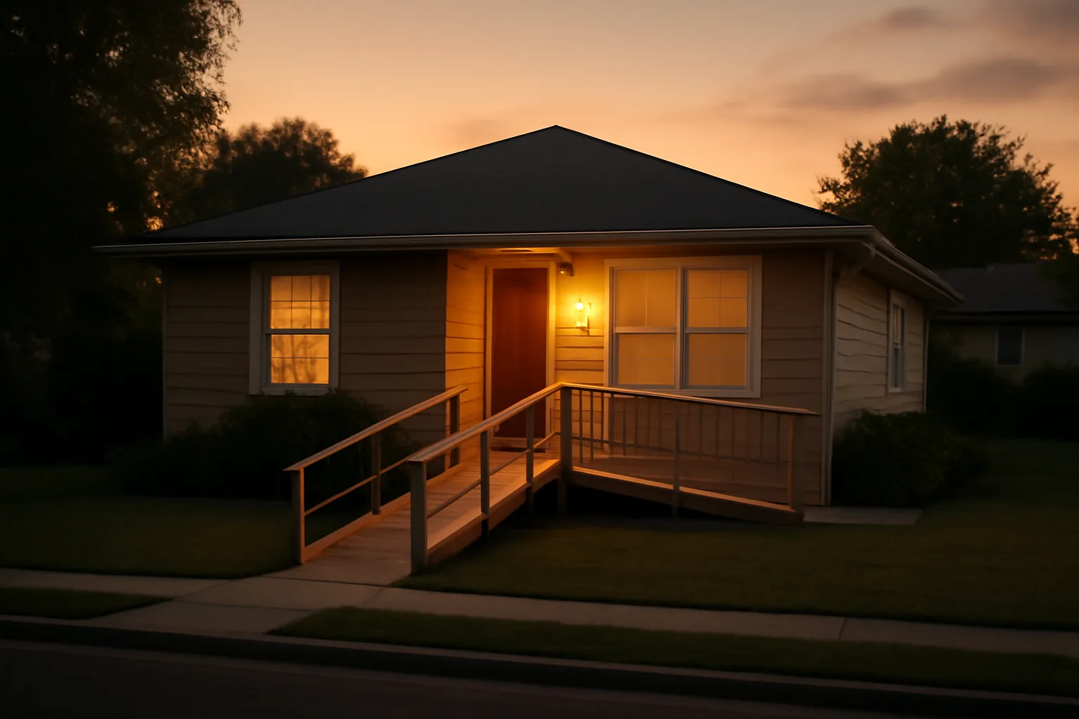 Residential group home exterior with wheelchair ramp at dusk