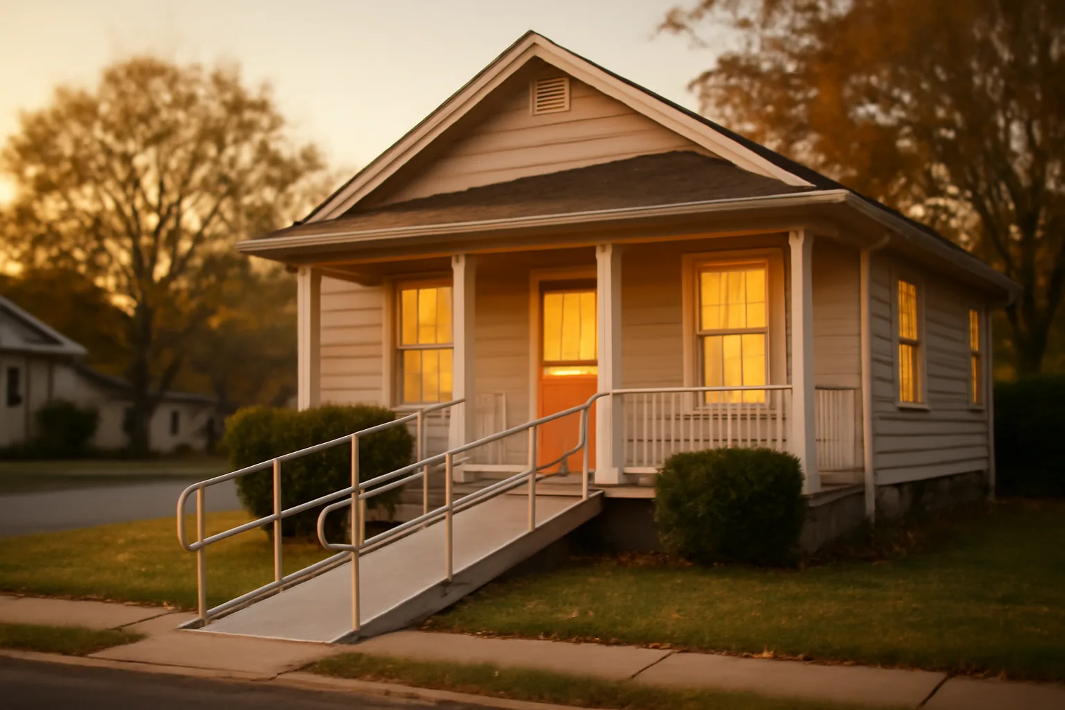 Residential house with wheelchair ramp representing a small assisted living facility