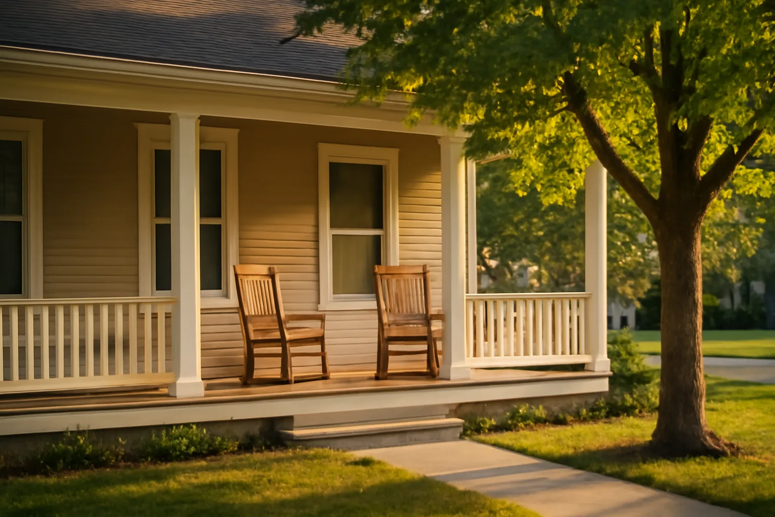 Front porch of single-family group home in residential neighborhood