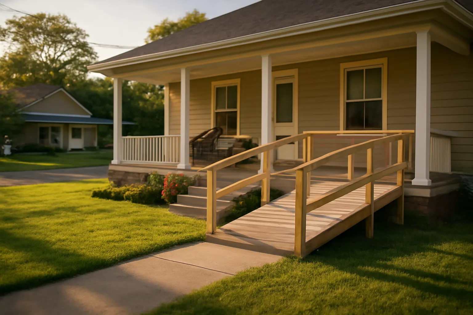 Residential care home with accessible ramp and front porch in suburban neighborhood