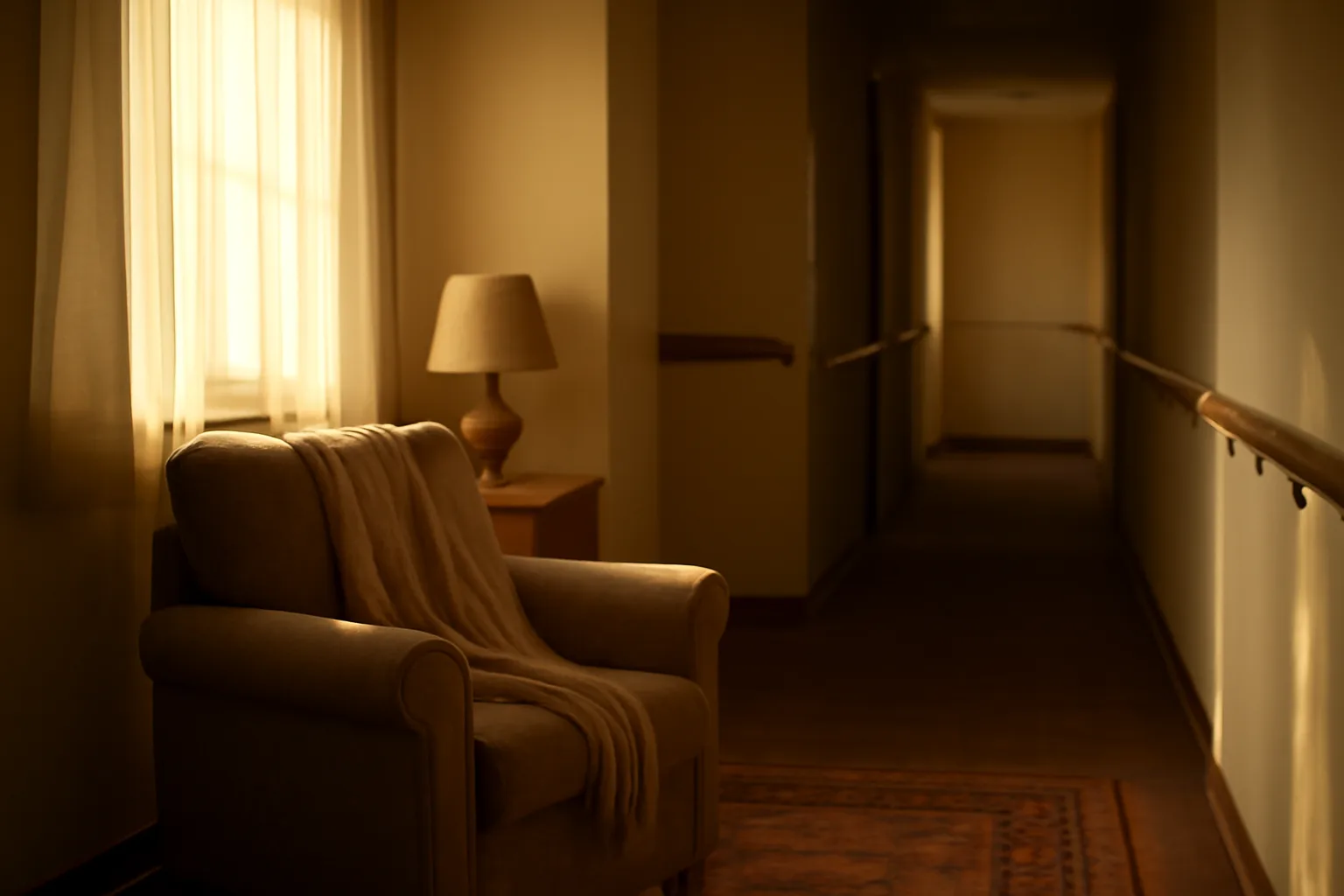 Empty hallway with handrails and warm light inside a licensed group home