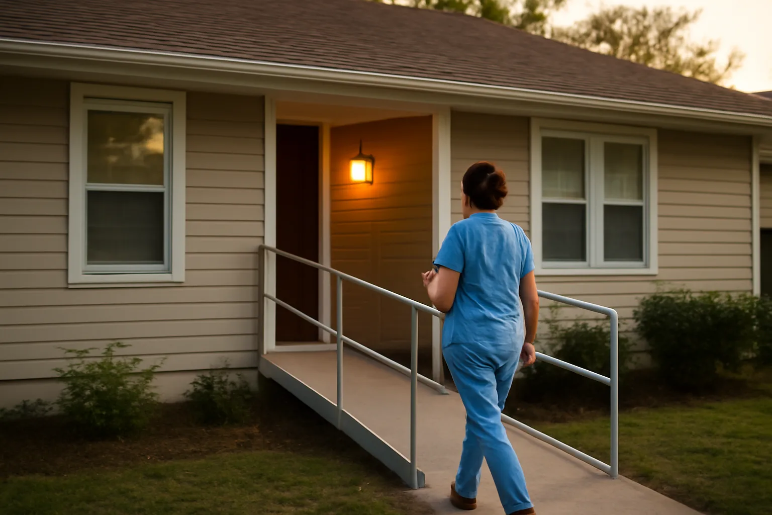 Caregiver approaching a residential group home with a wheelchair ramp at dusk