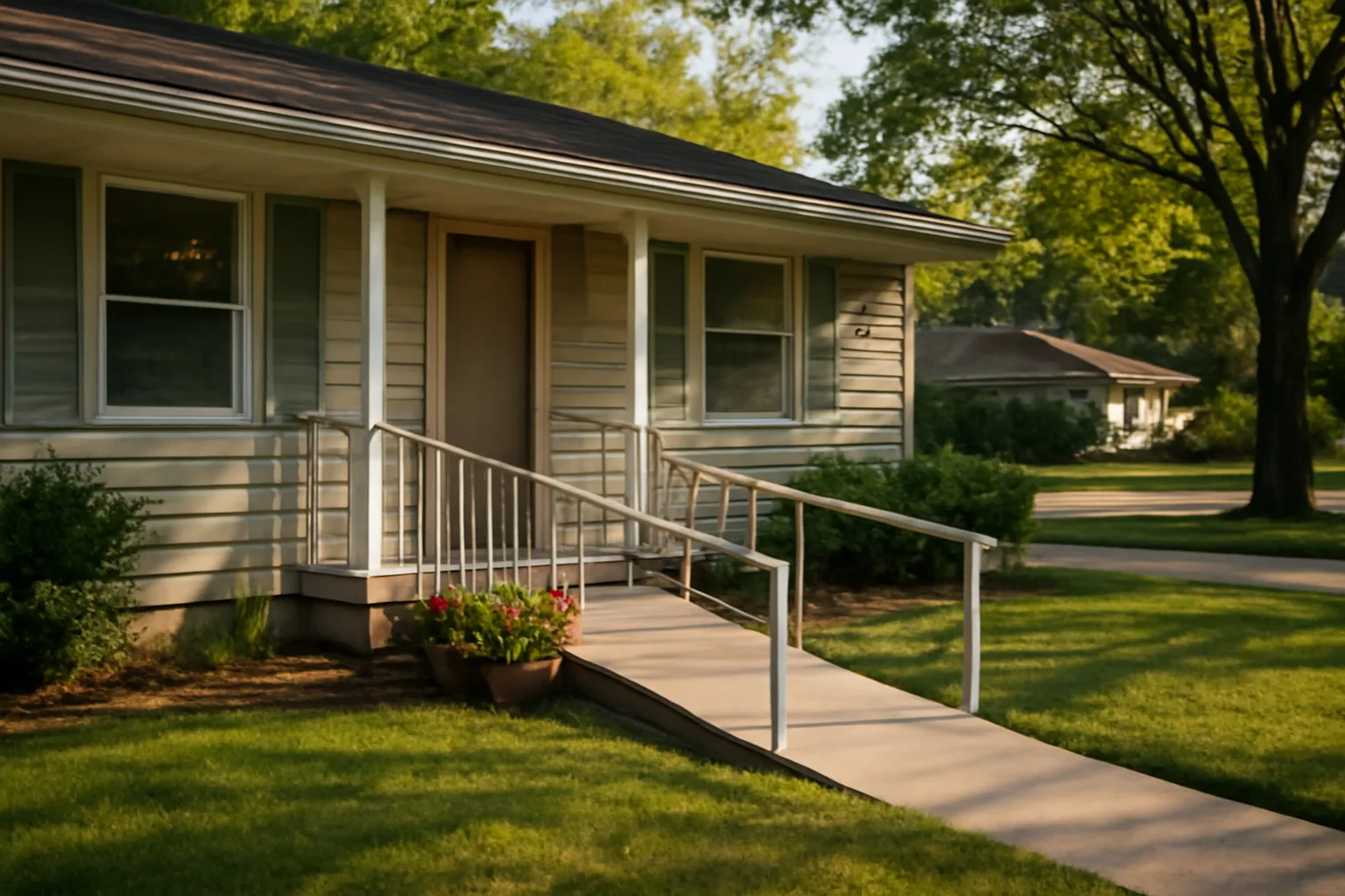 Accessible single-story home exterior with ramp in residential neighborhood