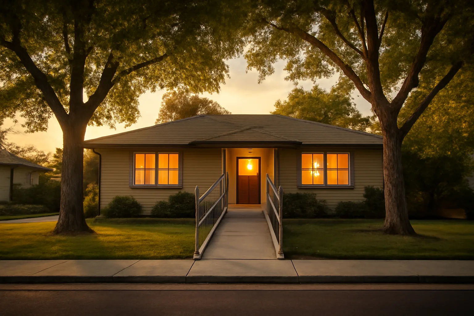 Residential group home exterior with accessible entrance in neighborhood setting
