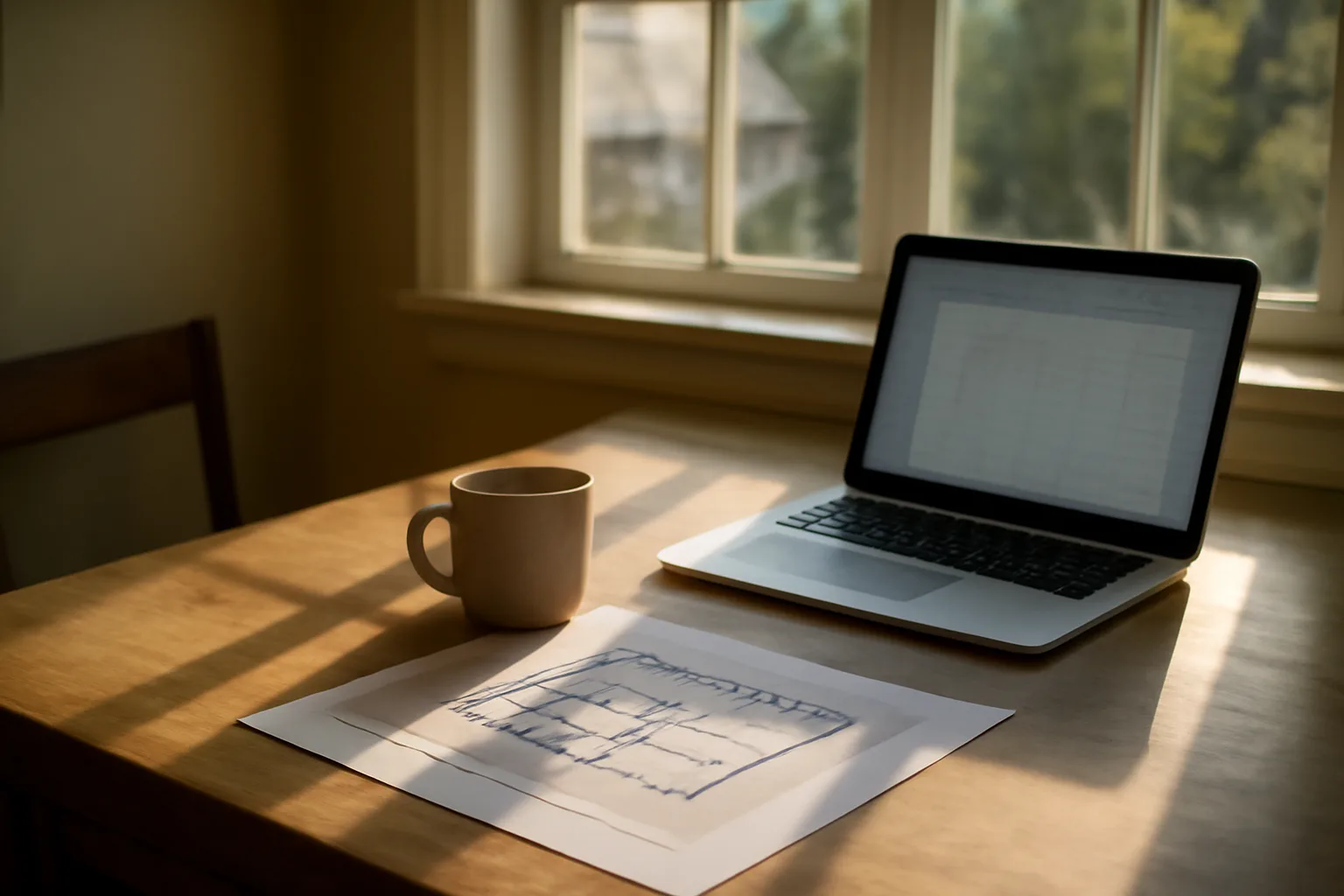 Desk with floor plan and laptop for planning a residential assisted living business