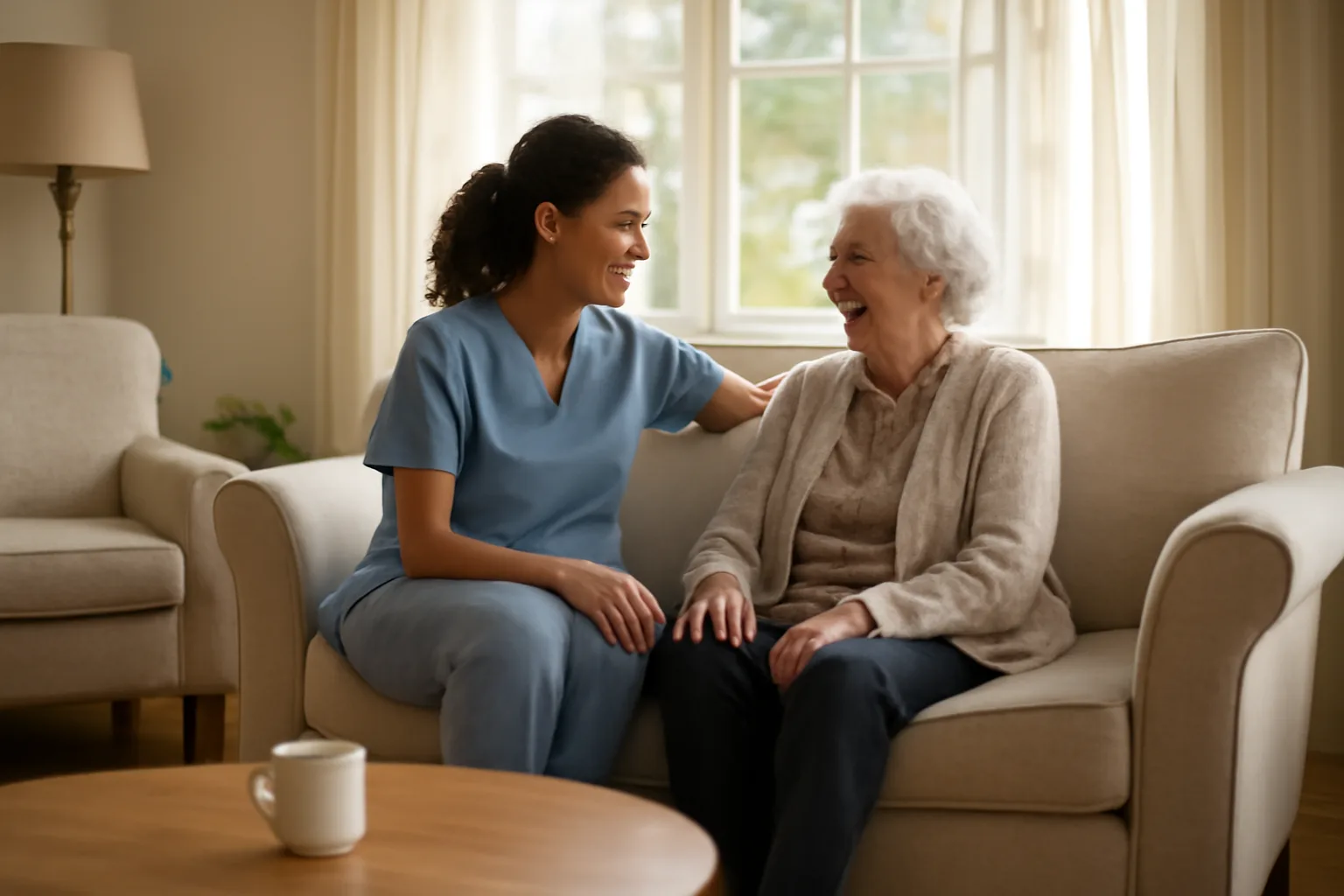 Caregiver and senior woman conversing in a residential assisted living home living room