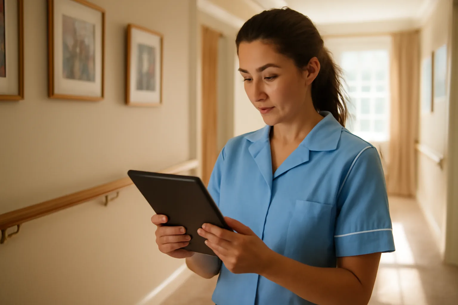Caregiver reviewing digital care plan on tablet in assisted living hallway