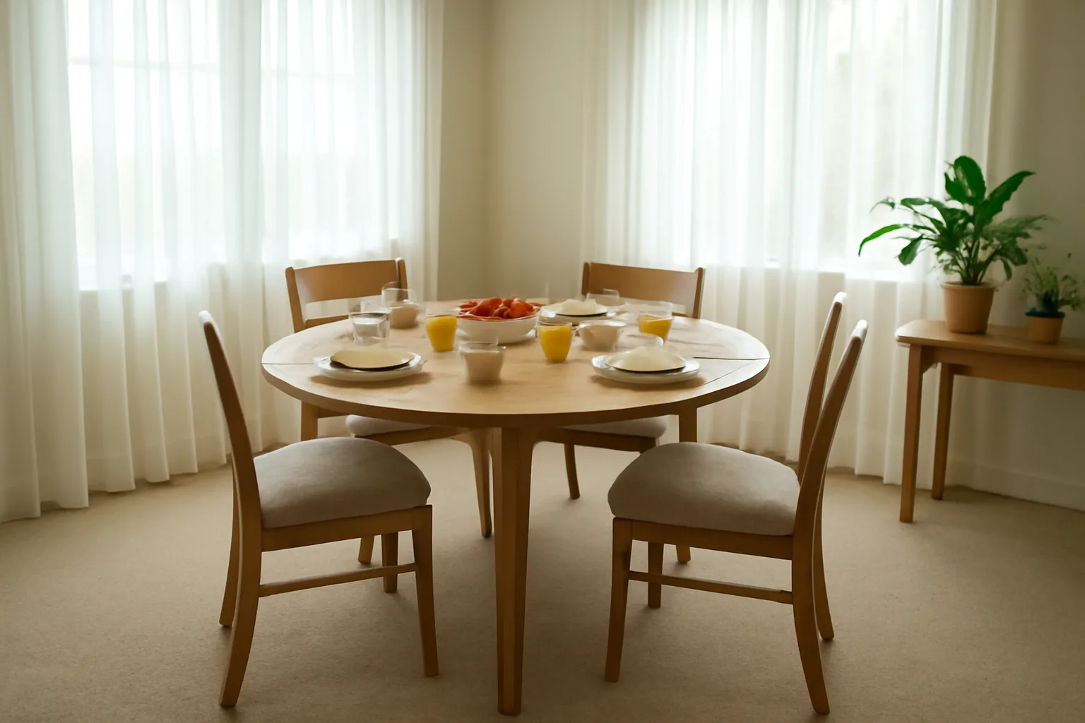 Bright assisted living home dining room with table set for breakfast