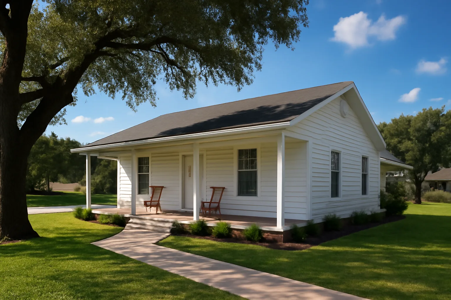 Single-family group home exterior with accessible ramp and front porch in residential neighborhood
