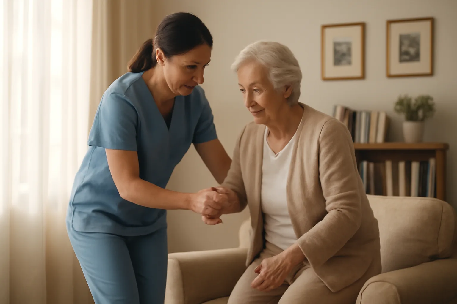 Caregiver assisting elderly resident in a residential care living room setting