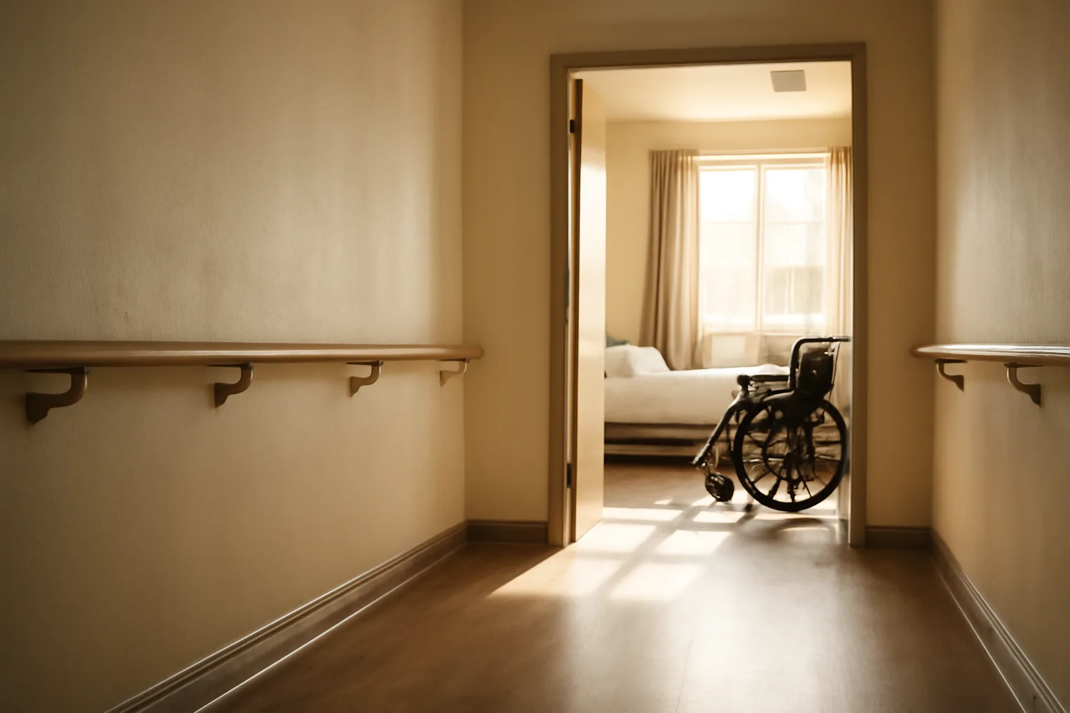 Sunlit hallway in a residential assisted living home showing safety handrails and an open bedroom