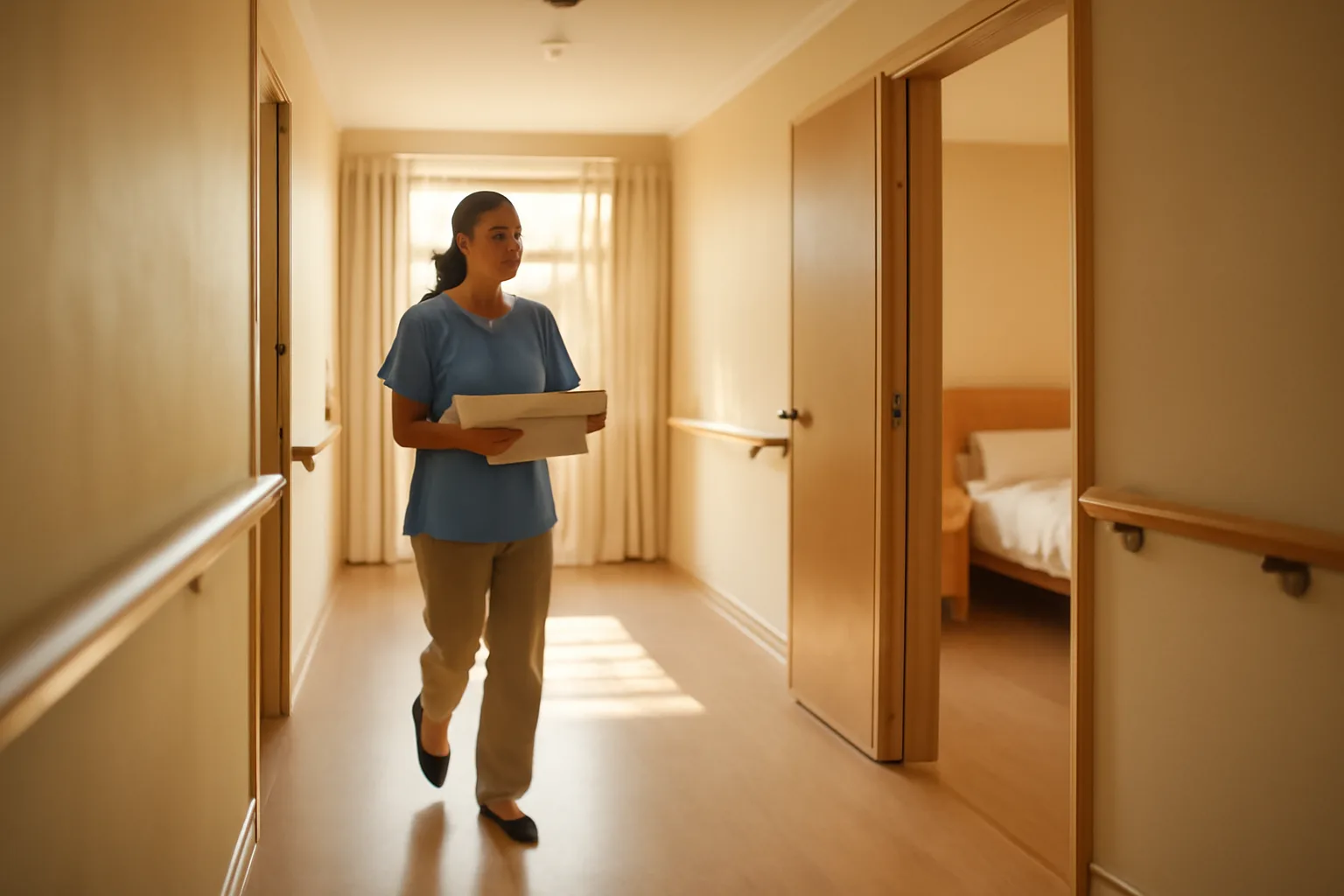 Bright hallway inside a licensed assisted living residence with handrails and a caregiver walking