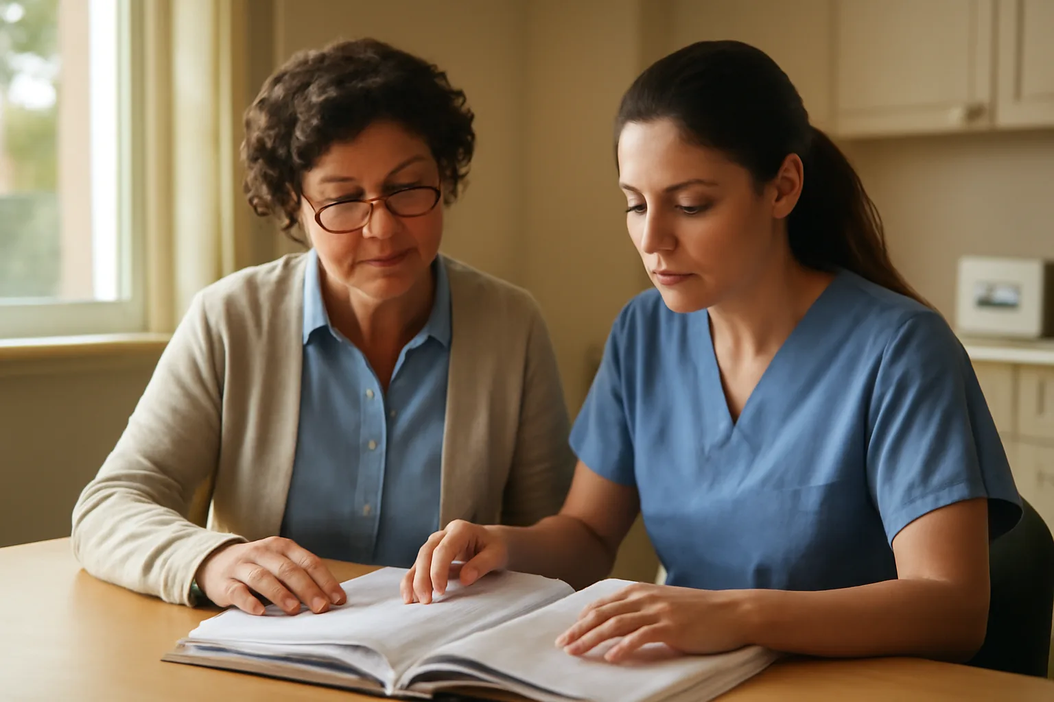Person reviewing group home policy manual at desk with medication lock box