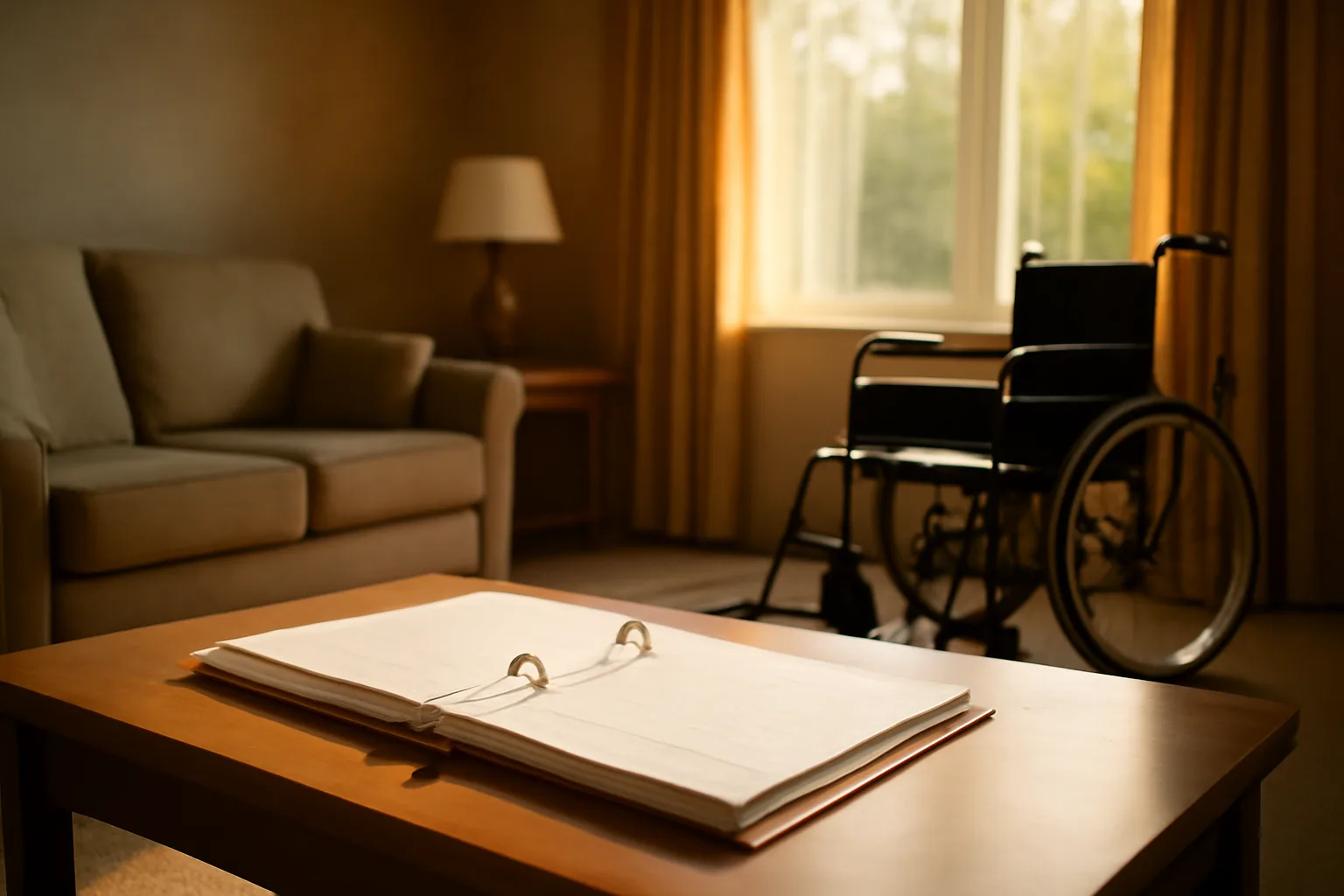 Sunlit living room in a licensed group home with an open policy binder on a table